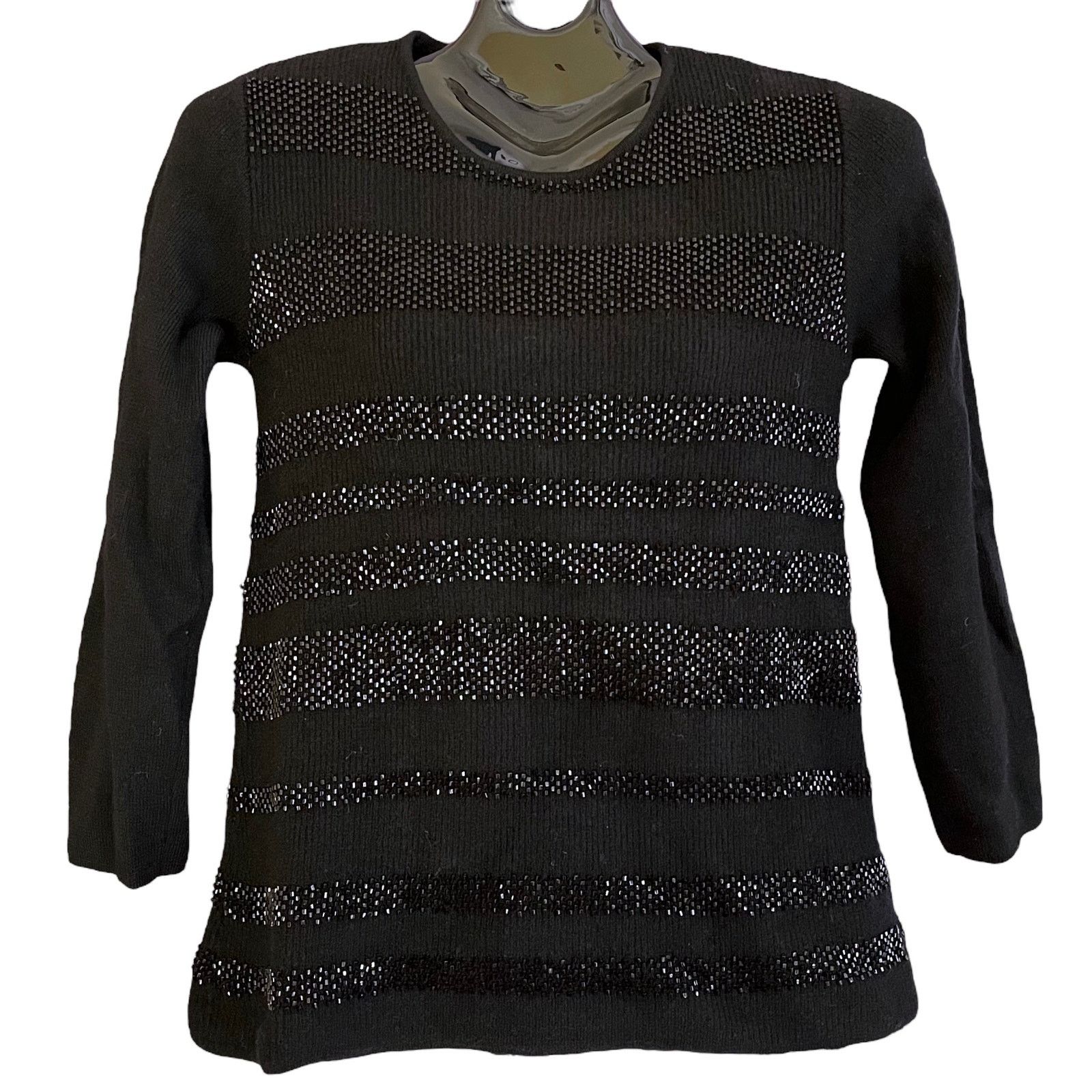 Jaeger Jaeger London Vintage Black Wool Beaded Stripe Sweater Size S / US 4 / IT 40 - 2 Thumbnail