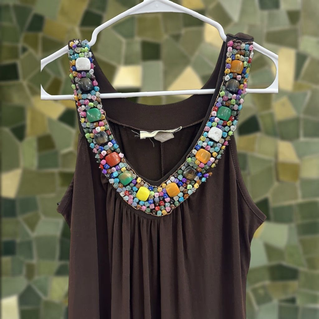 Vintage Carrie Allen Womens Maxi Dress Brown Gemmed V-Neckline Dress Maxi Sleeveless M Womens Brown Gemmed V-Neckline Carrie Allen Maxi Dress Size M / US 6-8 / IT 42-44 - 1 Thumbnail