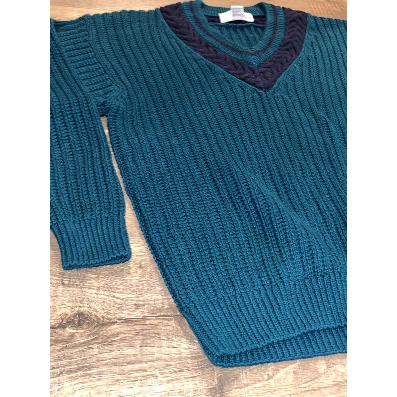 Vintage INSITE Sweater Turquoise Blue Cable Knit Navy Blue Stripe V Neck Preppy Men’s Lg Size US L / EU 52-54 / 3 - 7 Thumbnail