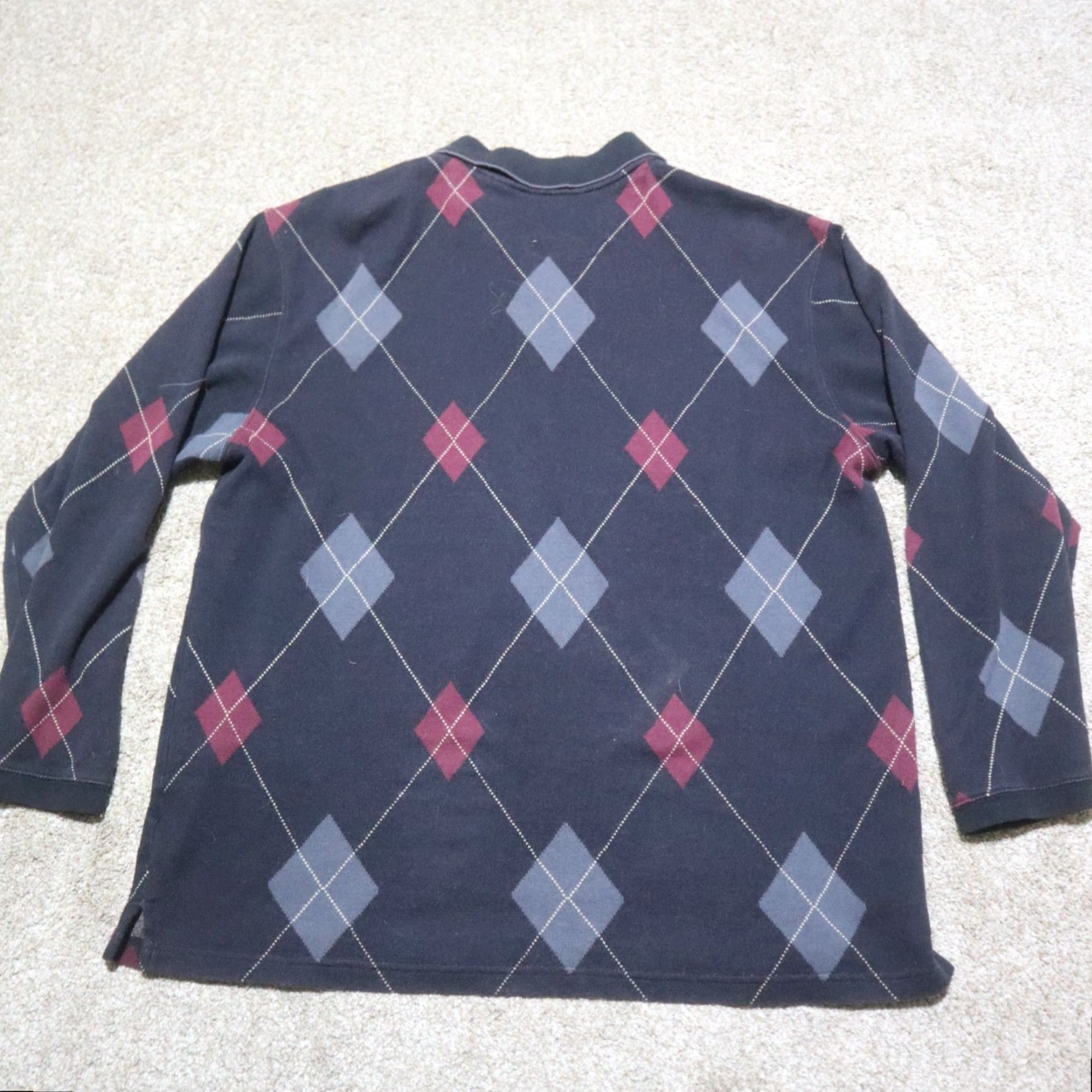 George George Polo Sweater Mens L Black Cotton Knit Long Sleeve V-Neck Pullover Argyle Striped Classic American Style Size US L / EU 52-54 / 3 - 8 Thumbnail