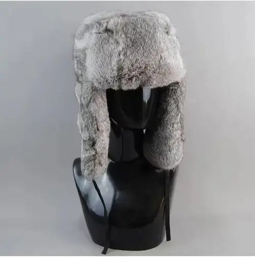 Other Size XL Warm Natural Rabbit Fur Bomber Hat With Earflaps Size ONE SIZE - 1 Thumbnail
