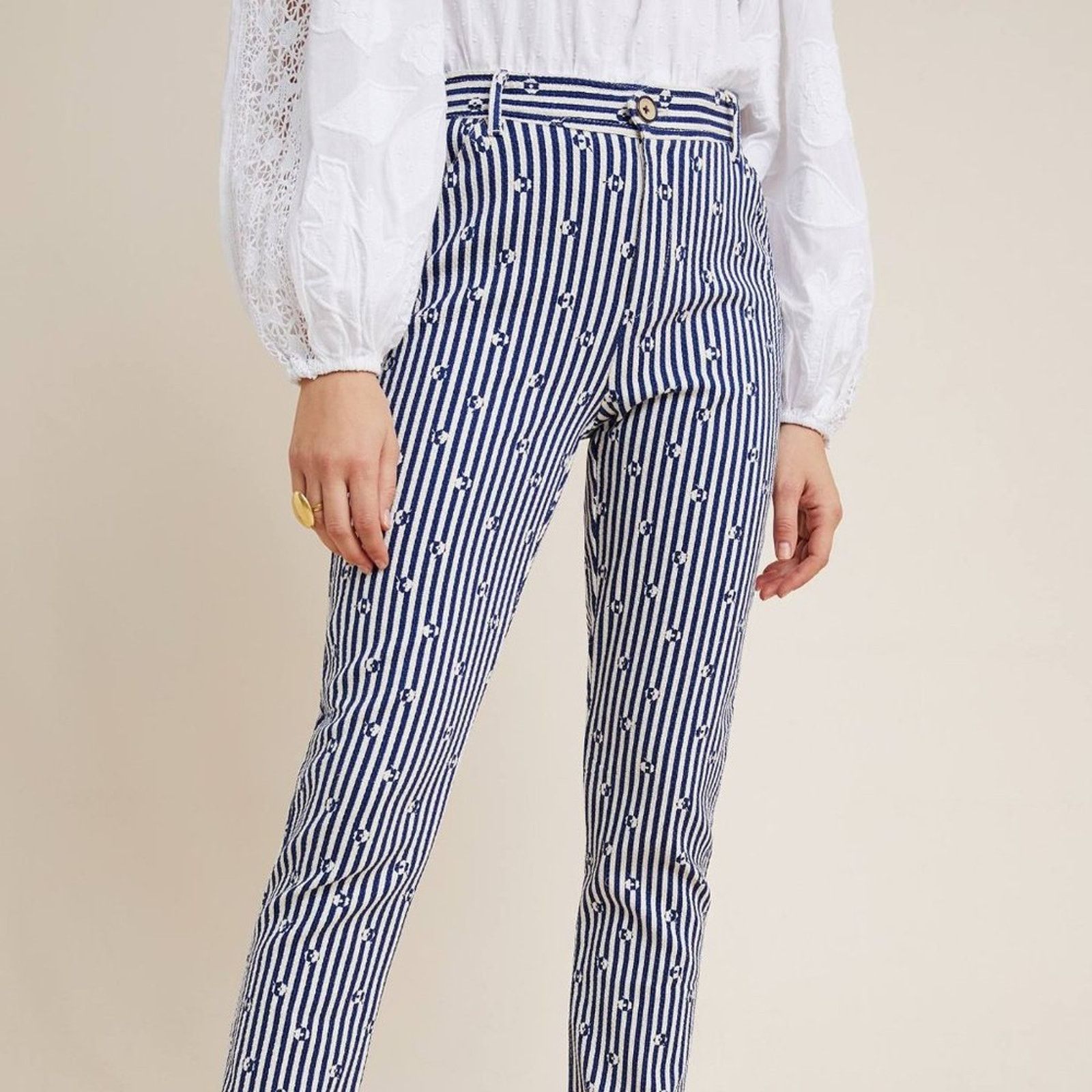 Anthropologie Anthropologie Blue & White Slim Trousers with Embroidery Size 27" / US 4 / IT 40 - 6 Thumbnail