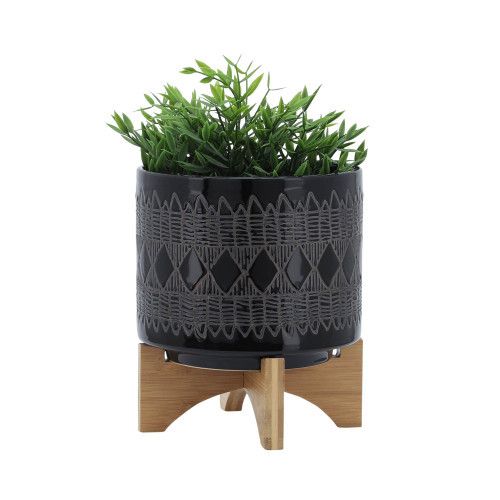 Designer × Homemade CERAMIC 8" AZTEC PLANTER ON WOODEN STAND, BLACK Size US L / EU 52-54 / 3 - 4 Thumbnail