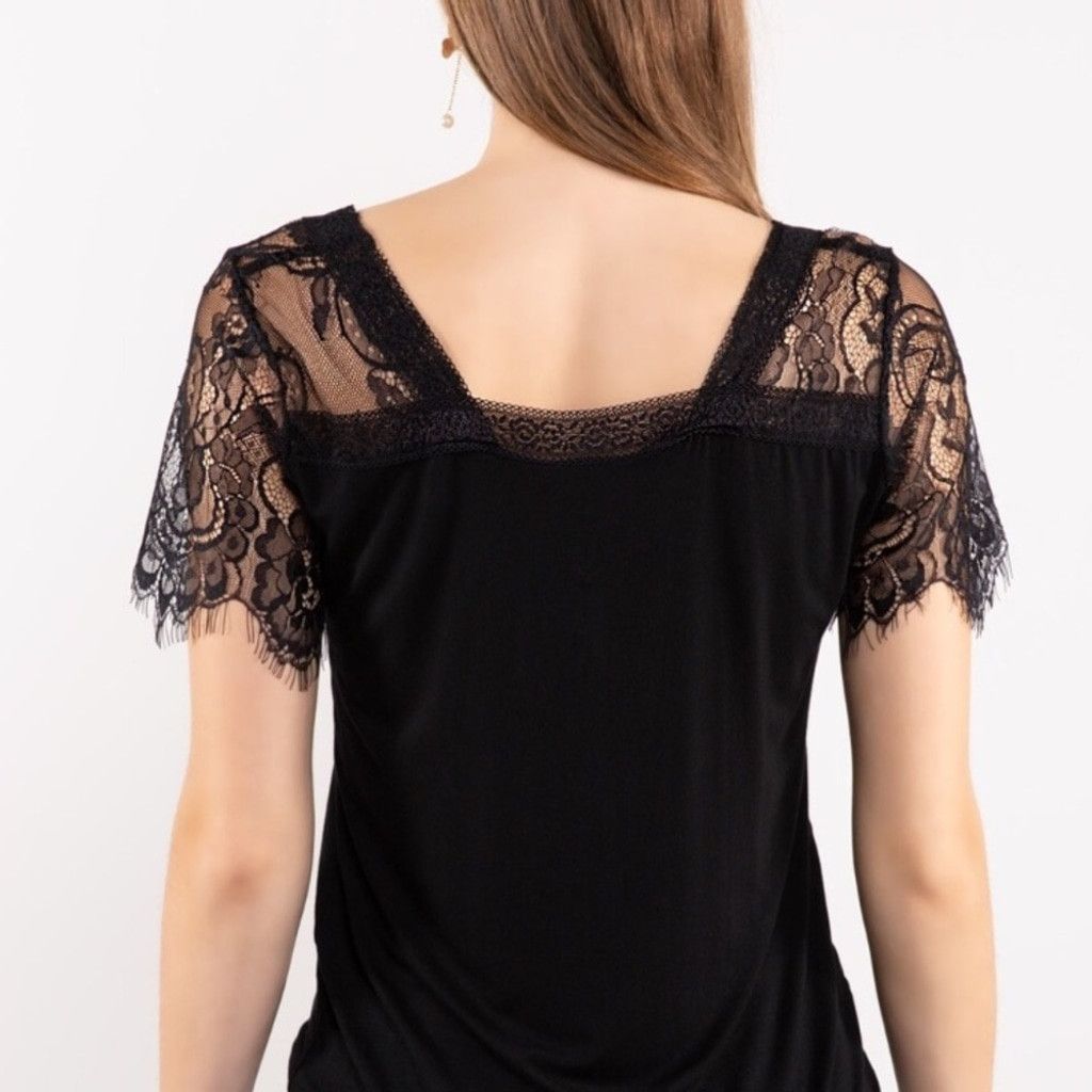 Other Black Lace Eyelash Hem Sleeved V-Neck Tee Size S / US 4 / IT 40 - 5 Thumbnail