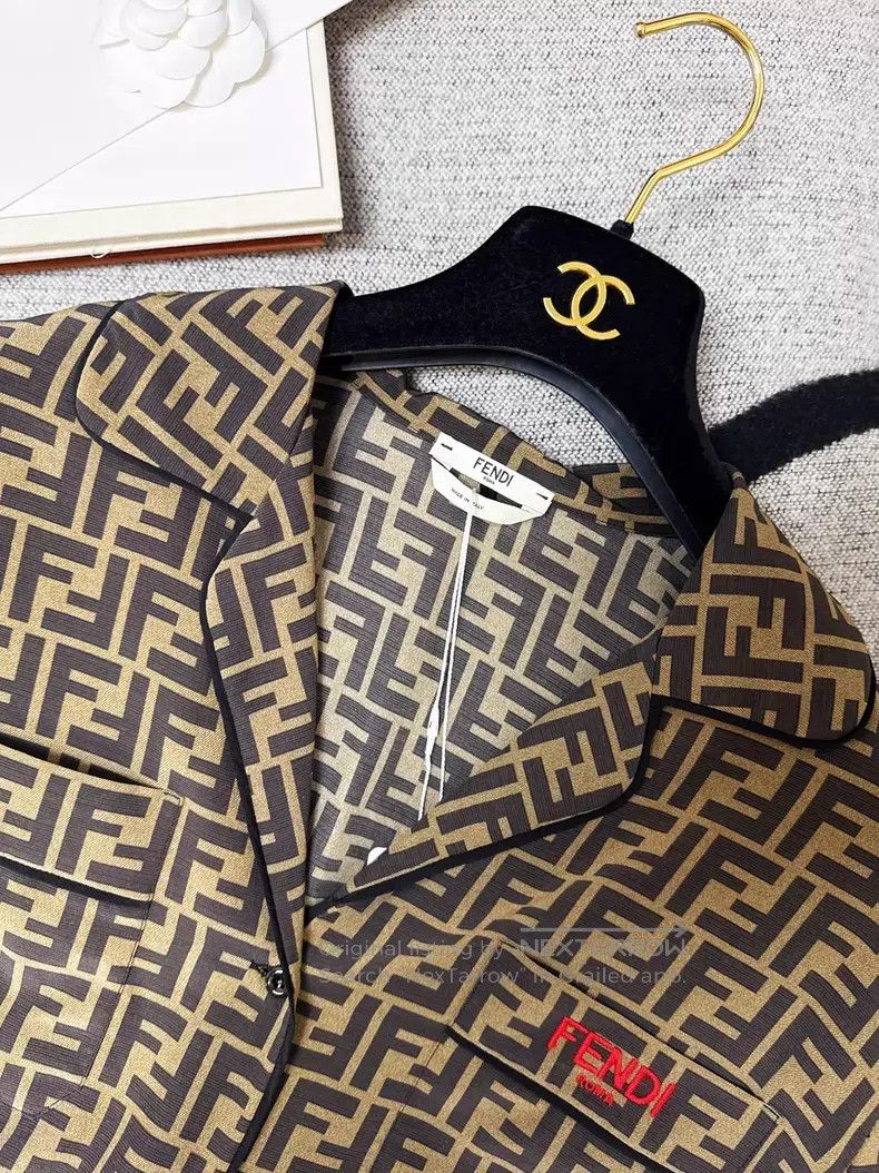 Fendi Fendi Dark Brown Double F Printed Silk Revere Collar Singl Size S / US 4 / IT 40 - 7 Thumbnail
