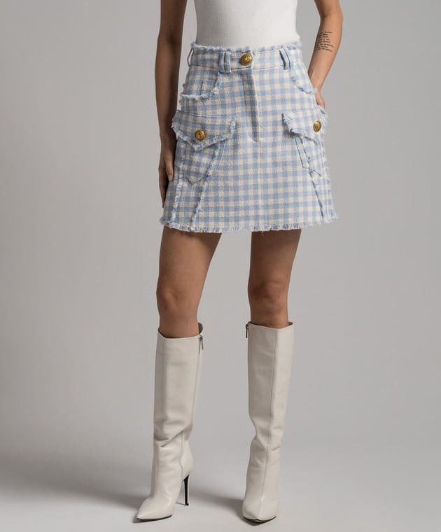Balmain o1s1wg110825 Checkered Tweed Skirt in Blue/White Size 27" / US 4 / IT 40 - 3 Thumbnail