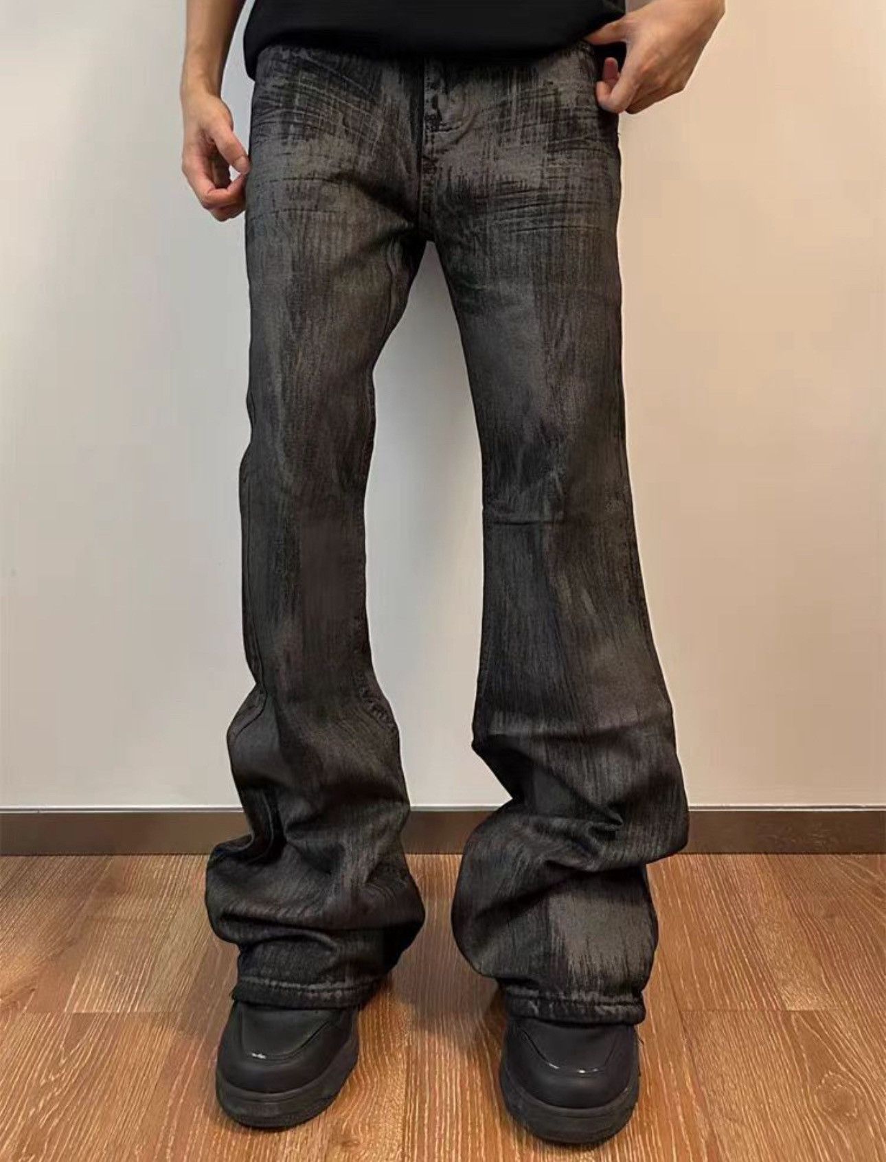 Heavyweight washed and waxed micro flare hombre baggy jeans