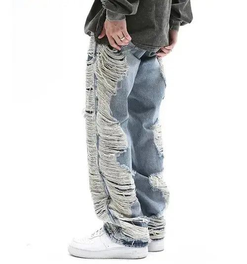 Fully Distressed Side Seam Ripped Denim Straight-Fit Jeans
