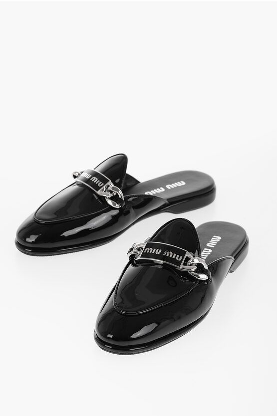 image of Miu Miu Patent Leather Mule Shoess Wiith Plaque Detail Shoes in Black, Women's (Size 6)