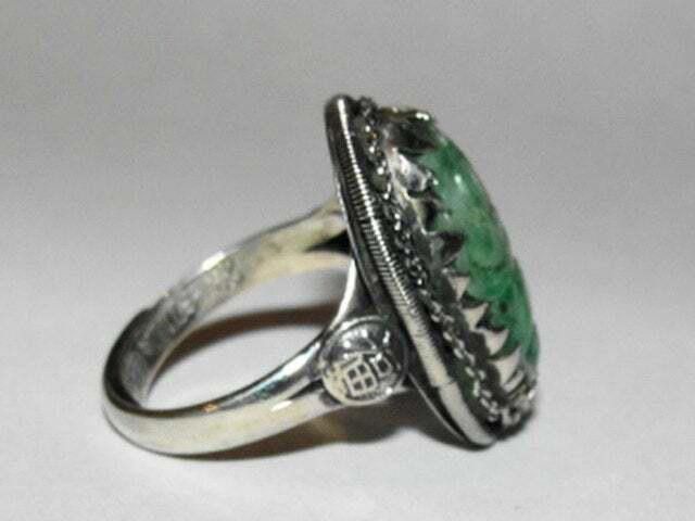 Designer Chinese Art Deco Sterling Silver Carved Jade Cabochon Ring Size ONE SIZE - 2 Thumbnail