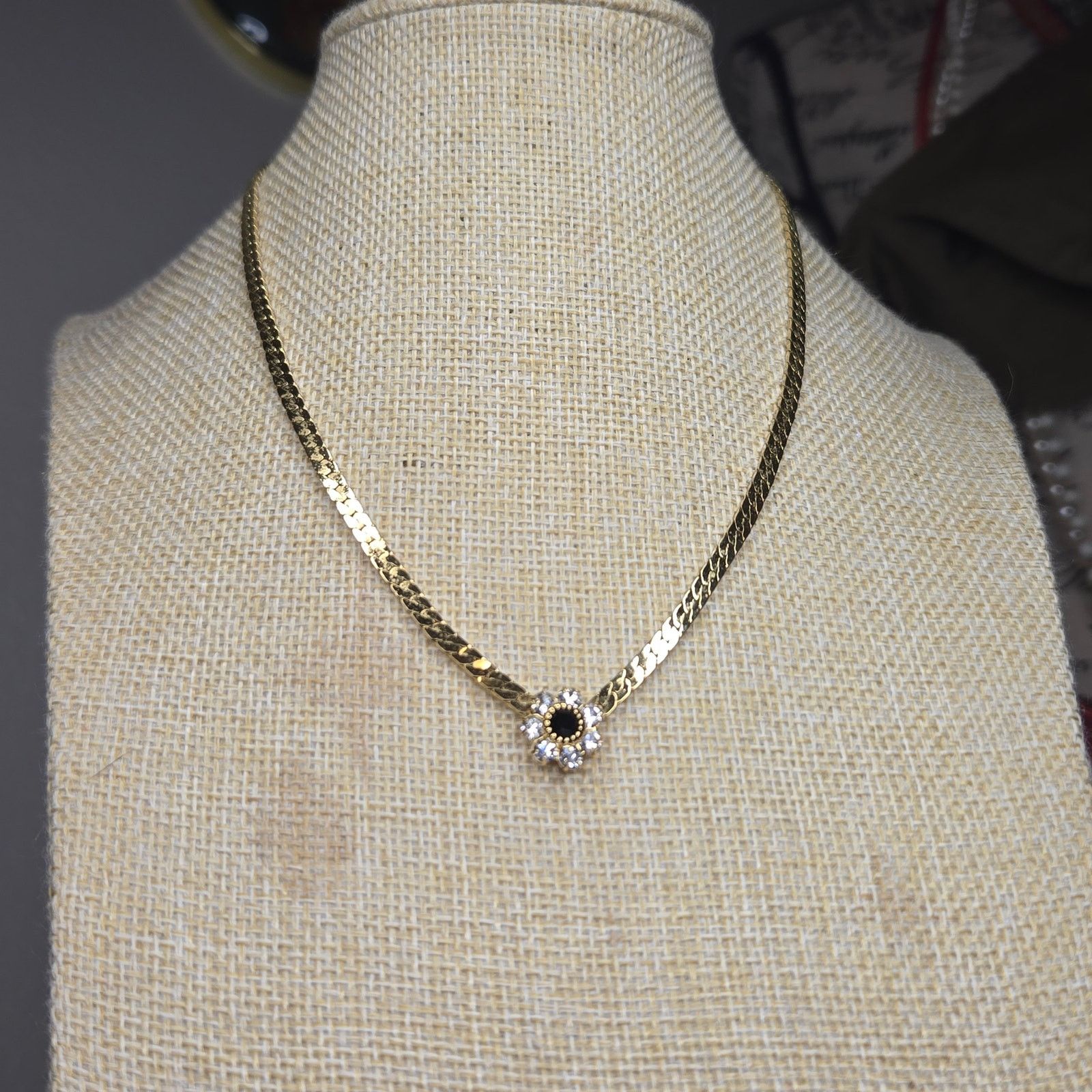 Vintage Vintage Gold Tone Rhinestone Flower Choker Herringbone Chain Size ONE SIZE - 3 Thumbnail