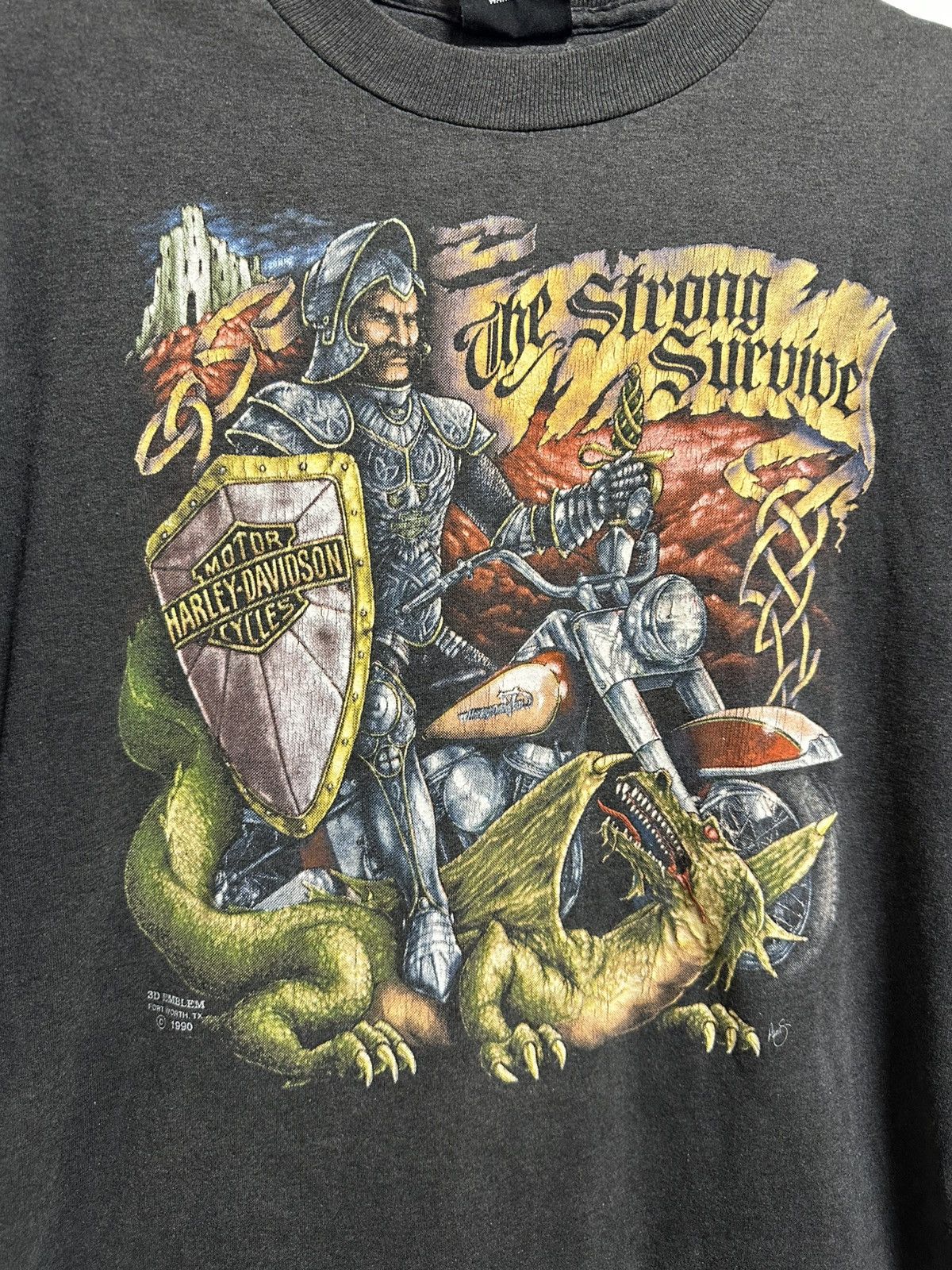 Harley Davidson × Vintage Vtg 90s 3D Emblem Harley-Davidson T-Shirt Knight Dragon 1990 Size US XL / EU 56 / 4 - 2 Thumbnail