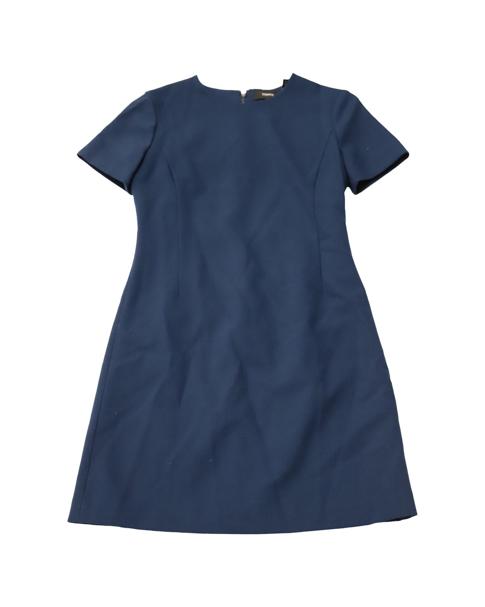 image of Blue Stretch Wool Sheath Dress With Short Sleeves By Theory, Women's (Size XS)