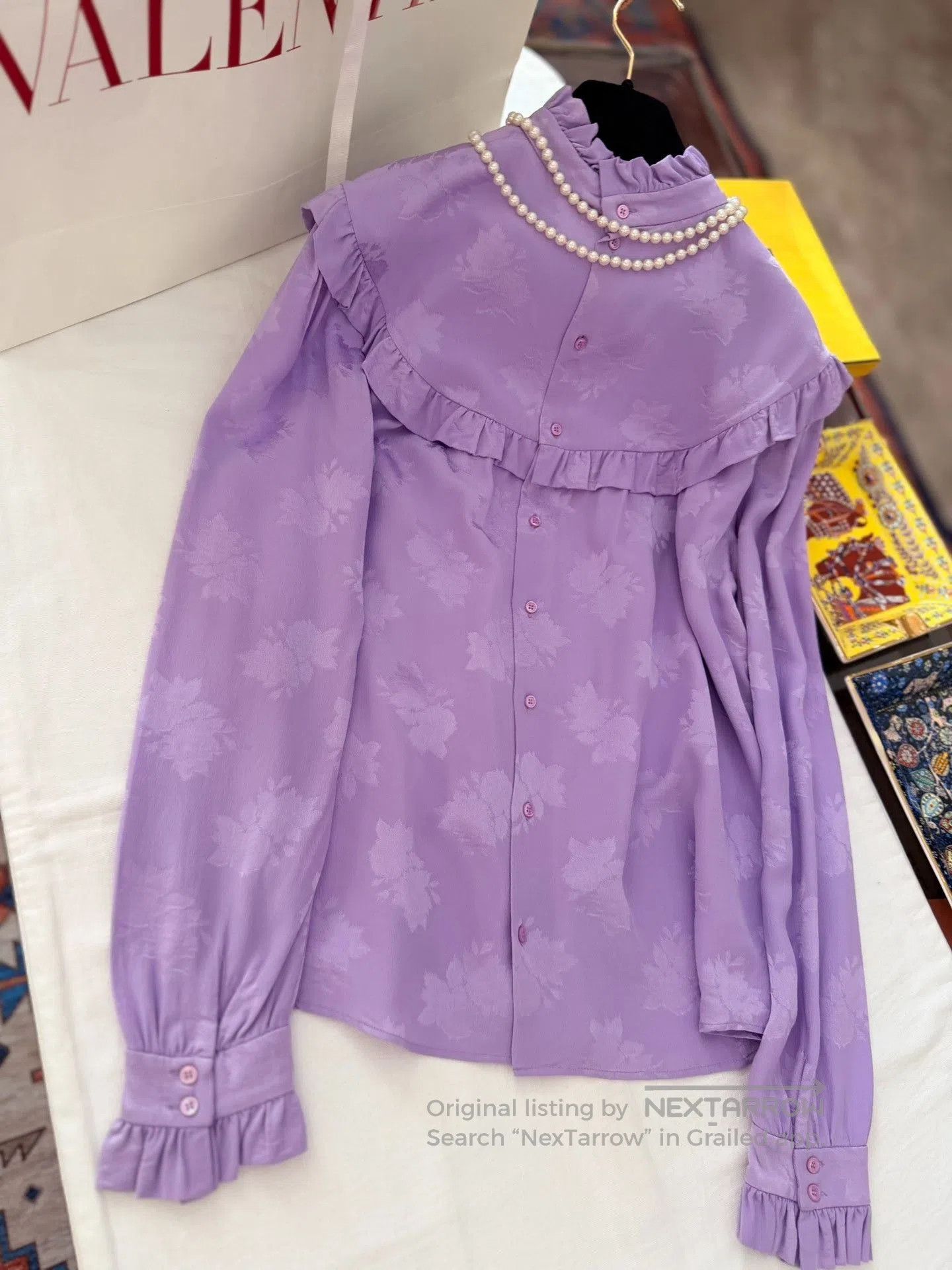 Saint Laurent Paris YSL Purple Floral Ruffled Silk Blouse. Size M / US 6-8 / IT 42-44 - 6 Thumbnail