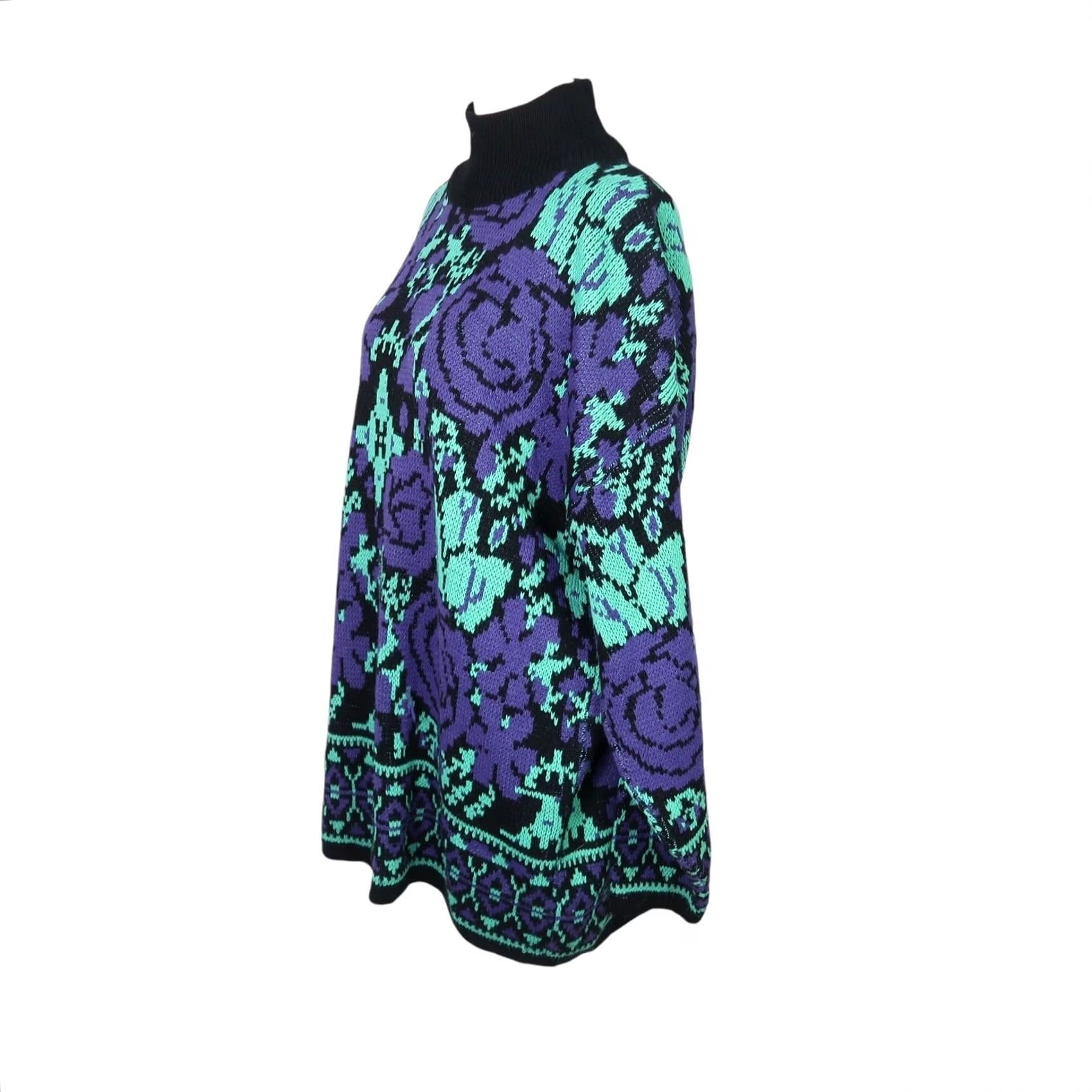 Vintage VINTAGE Michael Carrie Floral Tunic Sweater L Womens Long Sleeve Mock Neck Knit 80s Fall Winter - Black Purple Green Size L / US 10 / IT 46 - 3 Thumbnail