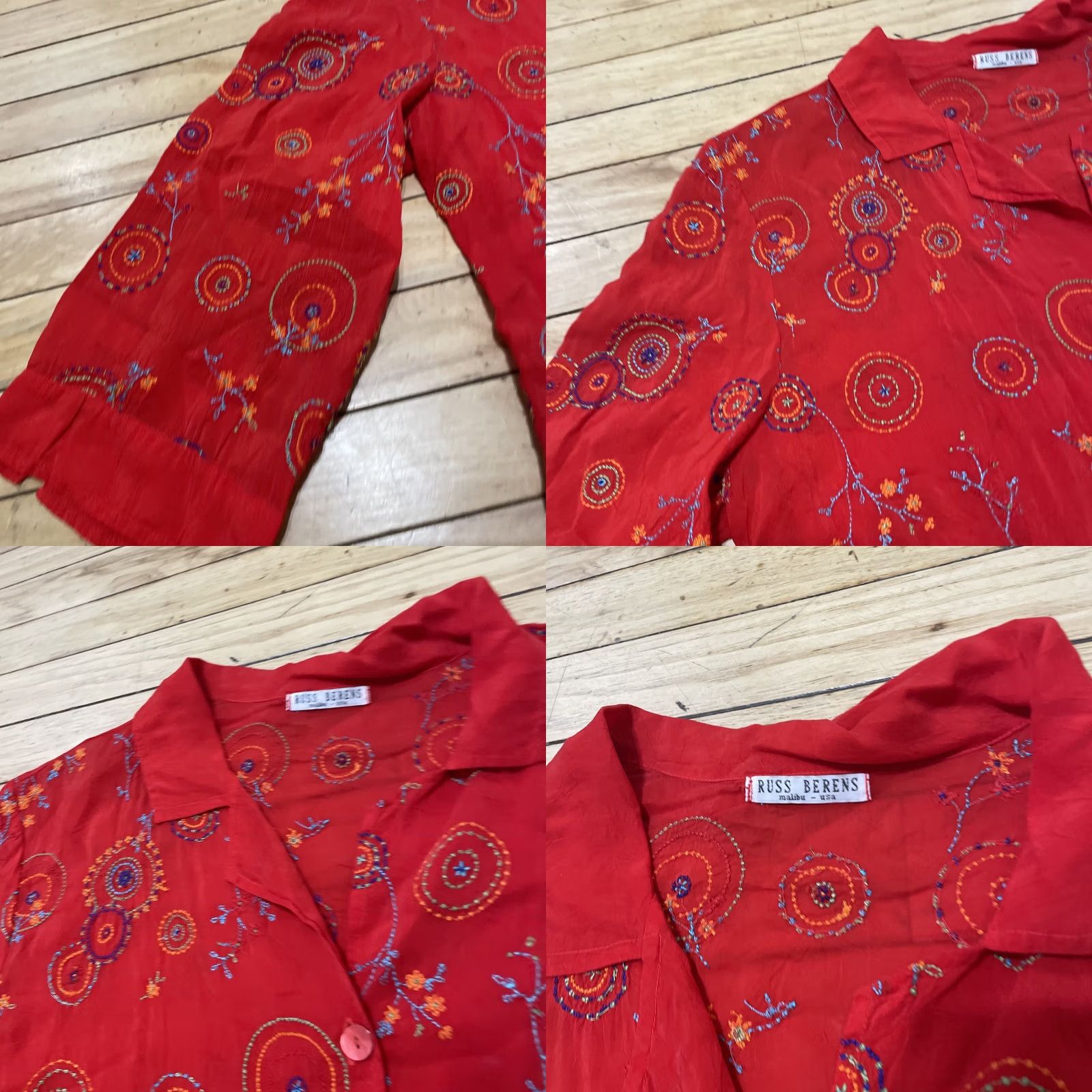 Vintage RUSS USA Top Womens XL Floral Beaded Boho Red Malibu Shirt Distress Holes Button-Up 3/4 Sleeve Cal... Size XL / US 12-14 / IT 48-50 - 9 Thumbnail