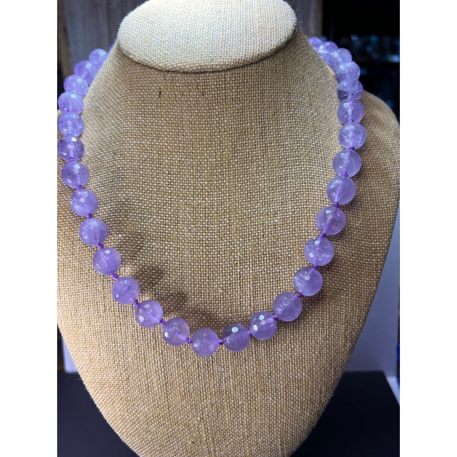 Amethyst knotted necklace with sterling silver clasp