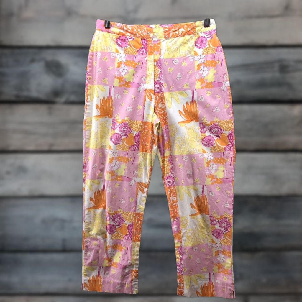 Lilly Pulitzer VINTAGE Lilly Pulitzer Patchwork Crop Pants Womens 2 Pink Orange Floral Tropical Casual Summer 2 Womens Pants Cropped Size 26" / US 2 / IT 38 - 1 Thumbnail