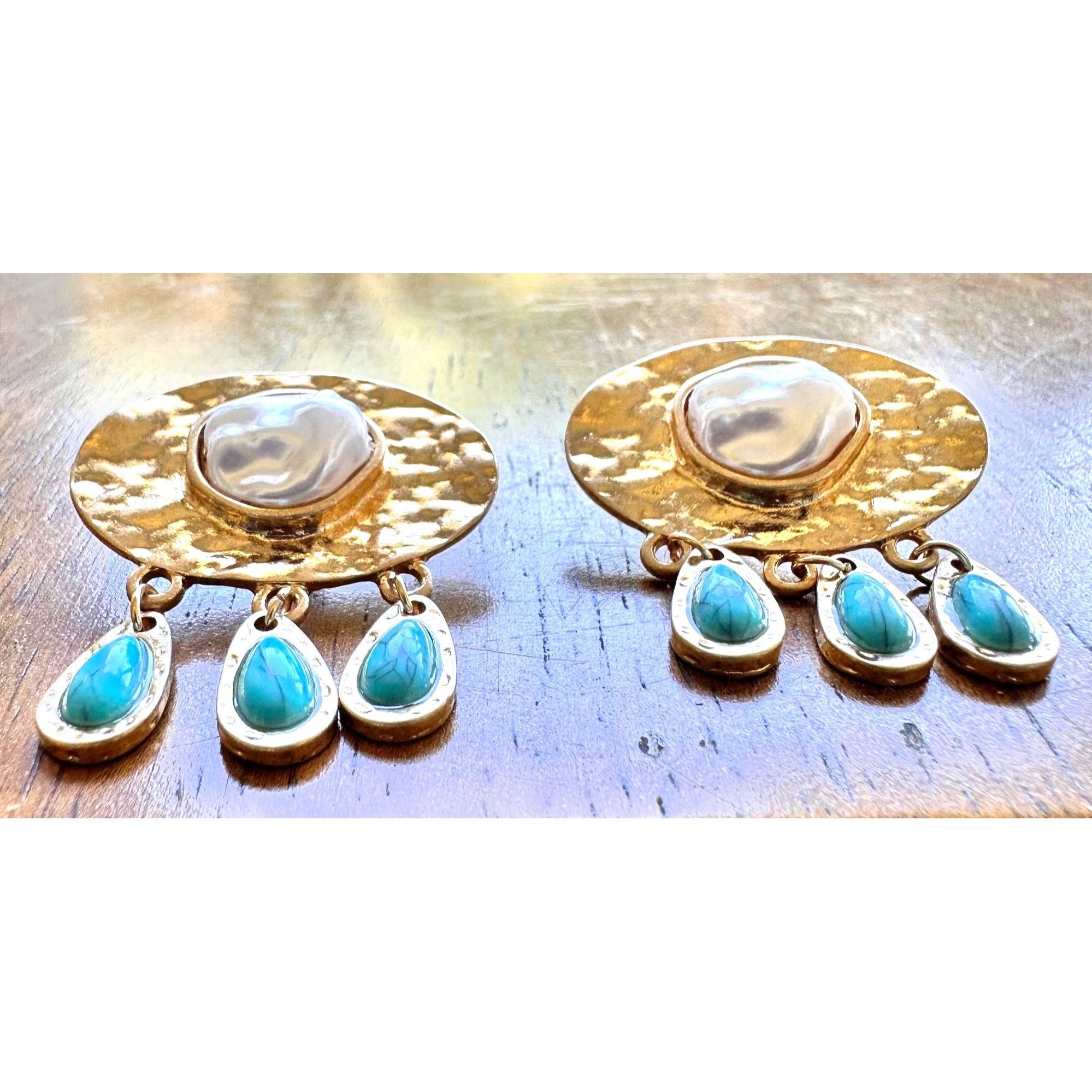 Handmade Hammered Metal Faux Pearl Turquoise Earrings Posts New Crui Size ONE SIZE - 5 Thumbnail