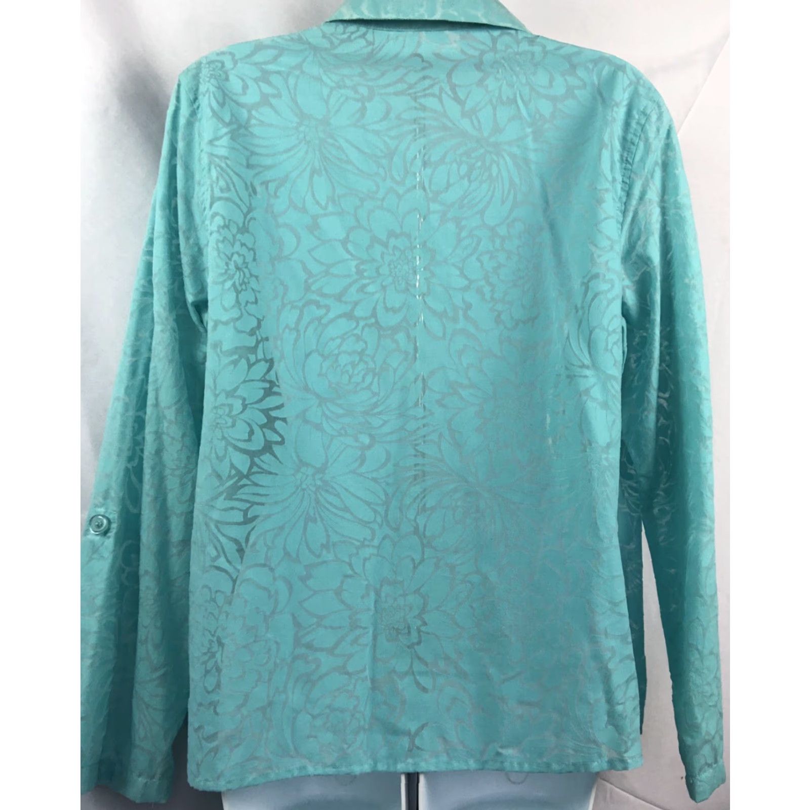 Vintage Sag Harbor Blouse Shirt Womens Large Aqua Floral Roll Tab Sleeve Collared Button Basic Beach Tropical Summer Florida Lightweight Casual Size L / US 10 / IT 46 - 5 Thumbnail