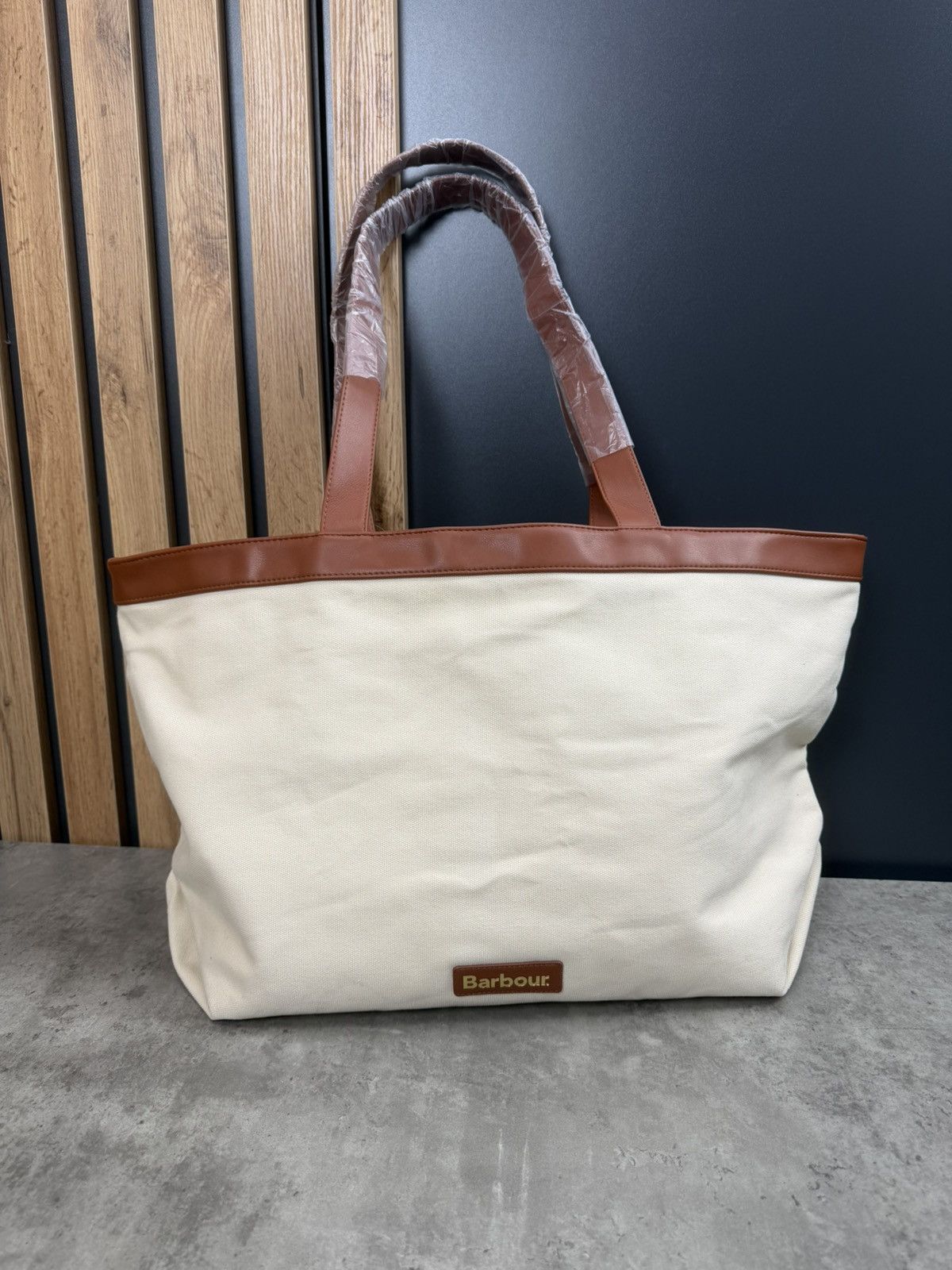 Barbour Canvas Tote Bag Cream Brown Trim