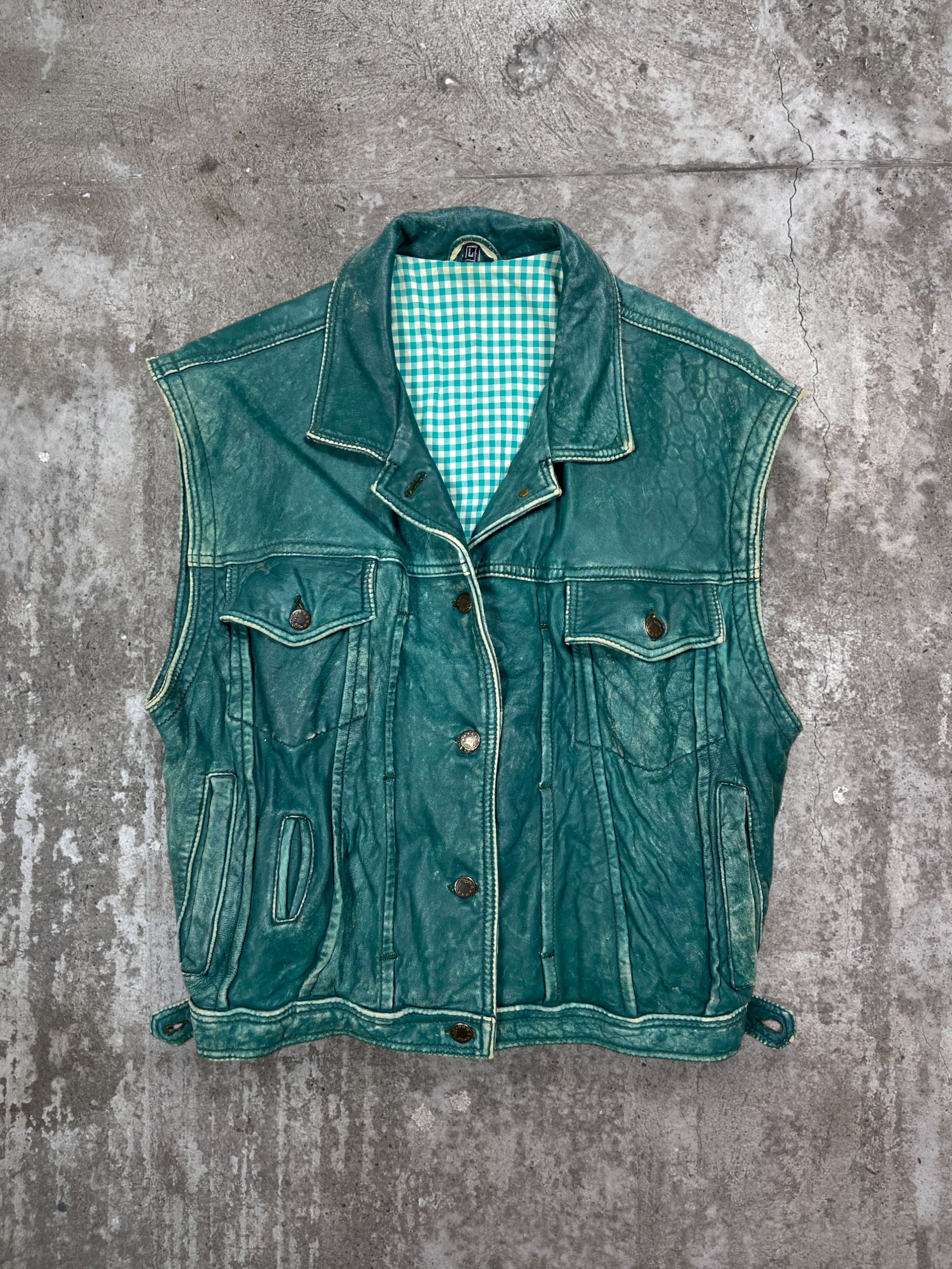 1970s RETRO PUNK FADED DISTRESSED LEATHER MINT VEST - № 2109