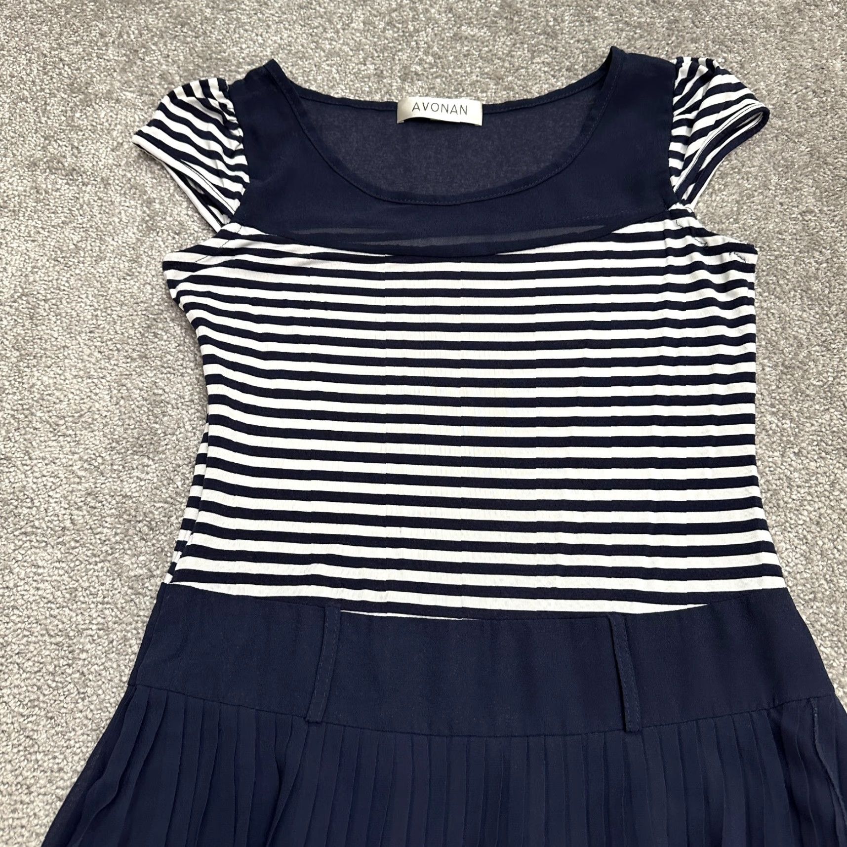Vintage Avonan Dress Womens A-Line Midi Striped Blue White Cap Sleeve Pleated Size L / US 10 / IT 46 - 4 Thumbnail