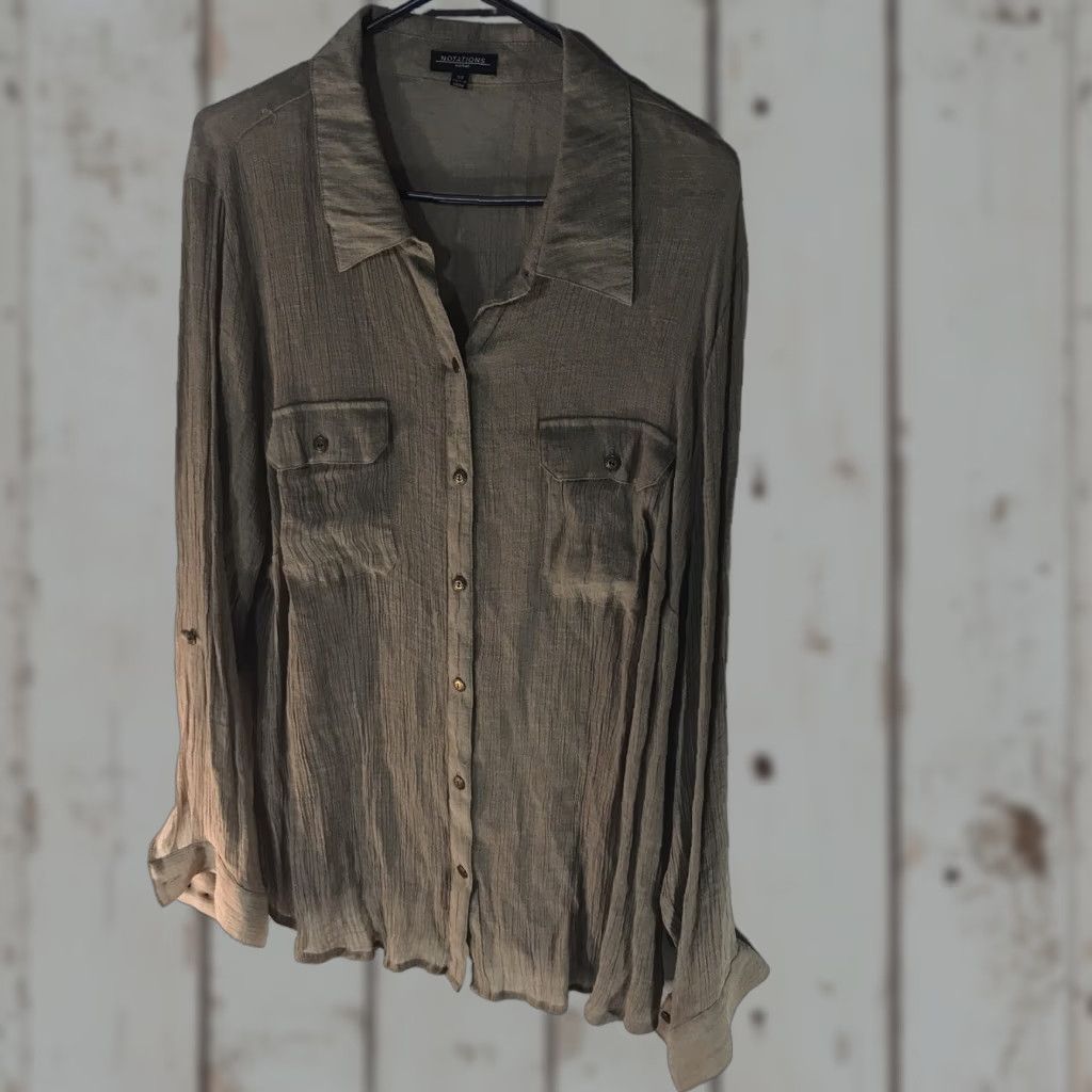 Vintage VINTAGE Notations Taupe Women's Button Up Shirt Long Sleeve Roll Tab Sheer Casual Workwear Size 3X Size XXL / US 16-18 / IT 52-54 - 1 Thumbnail