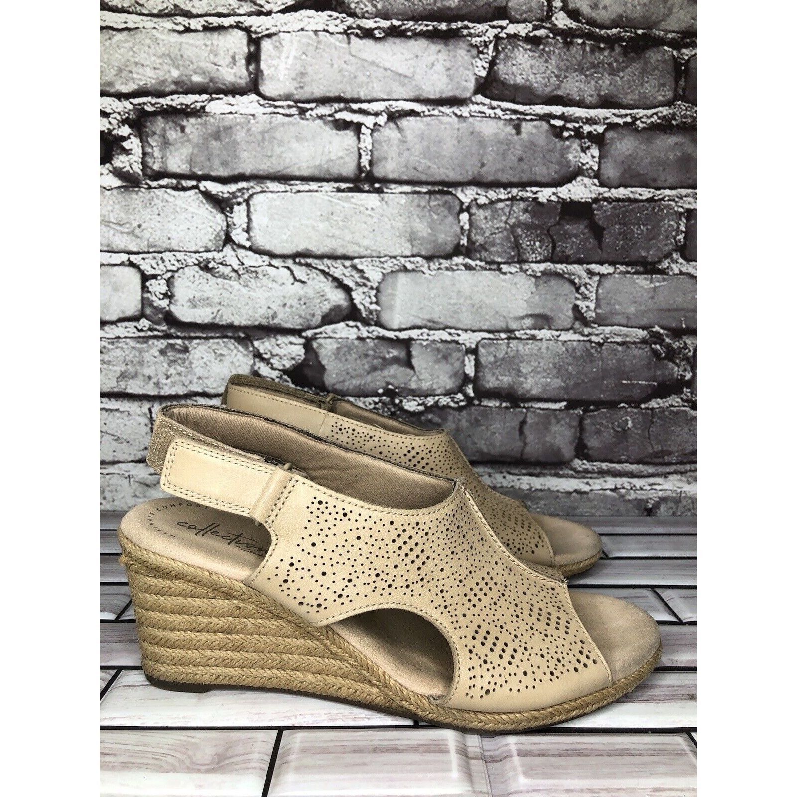 Clarks Clarks Beige Leather Perforated Strap Espadrilles Wedge Sand Size US 8.5 / IT 38.5 - 1 Thumbnail