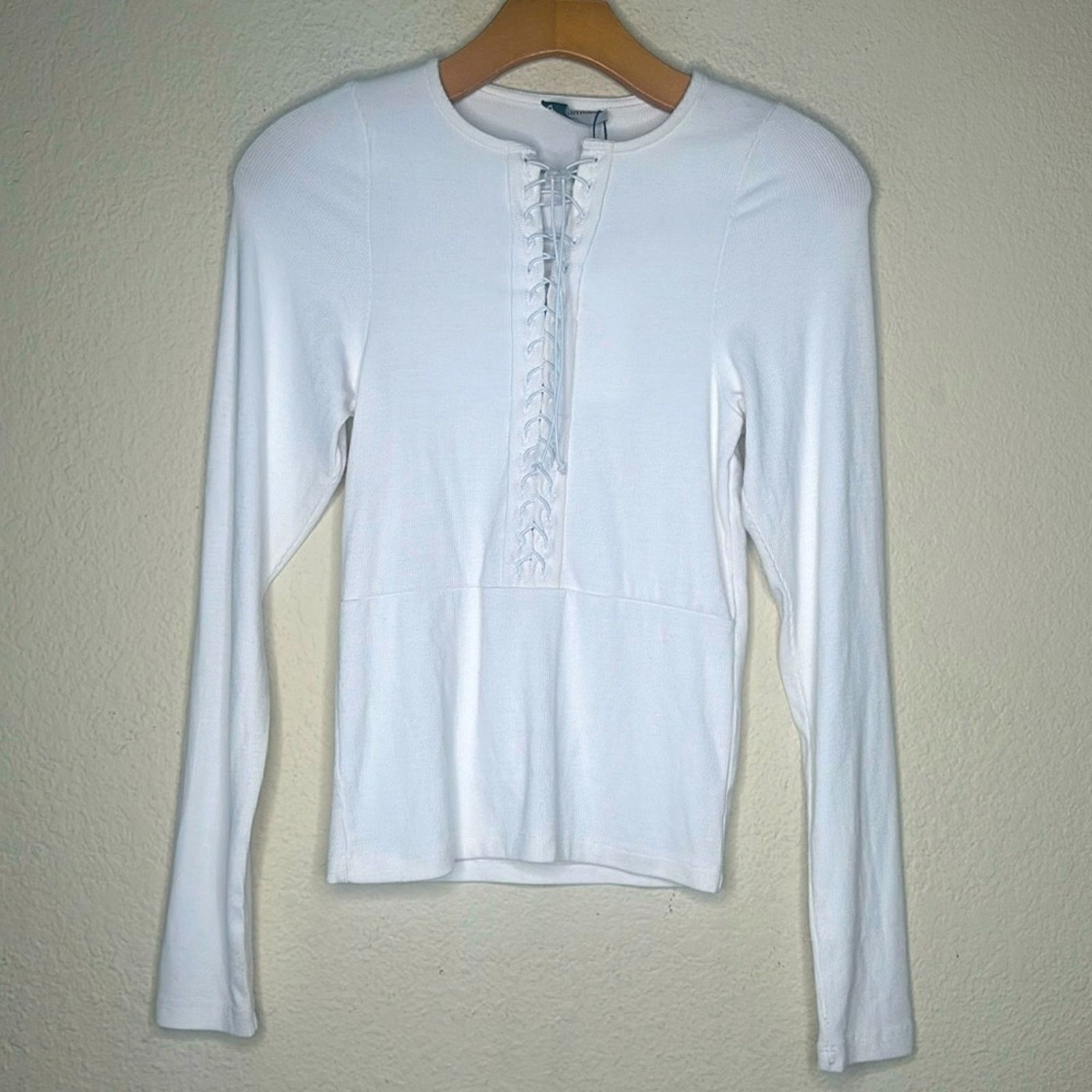 NWT Revolve LNA Ribbed Lace Up Long Sleeve Top White Sz Sml