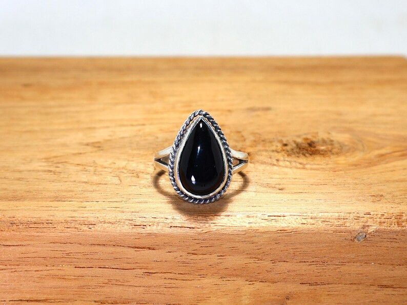 Handmade Handmade Black Onyx Teardrop Ring: 925 Sterling Silver, Gift Size ONE SIZE - 1 Thumbnail
