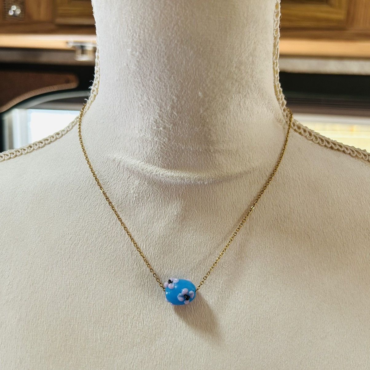 Handmade Handcrafted floral glass bead pendant on chain necklace Size ONE SIZE - 2 Thumbnail