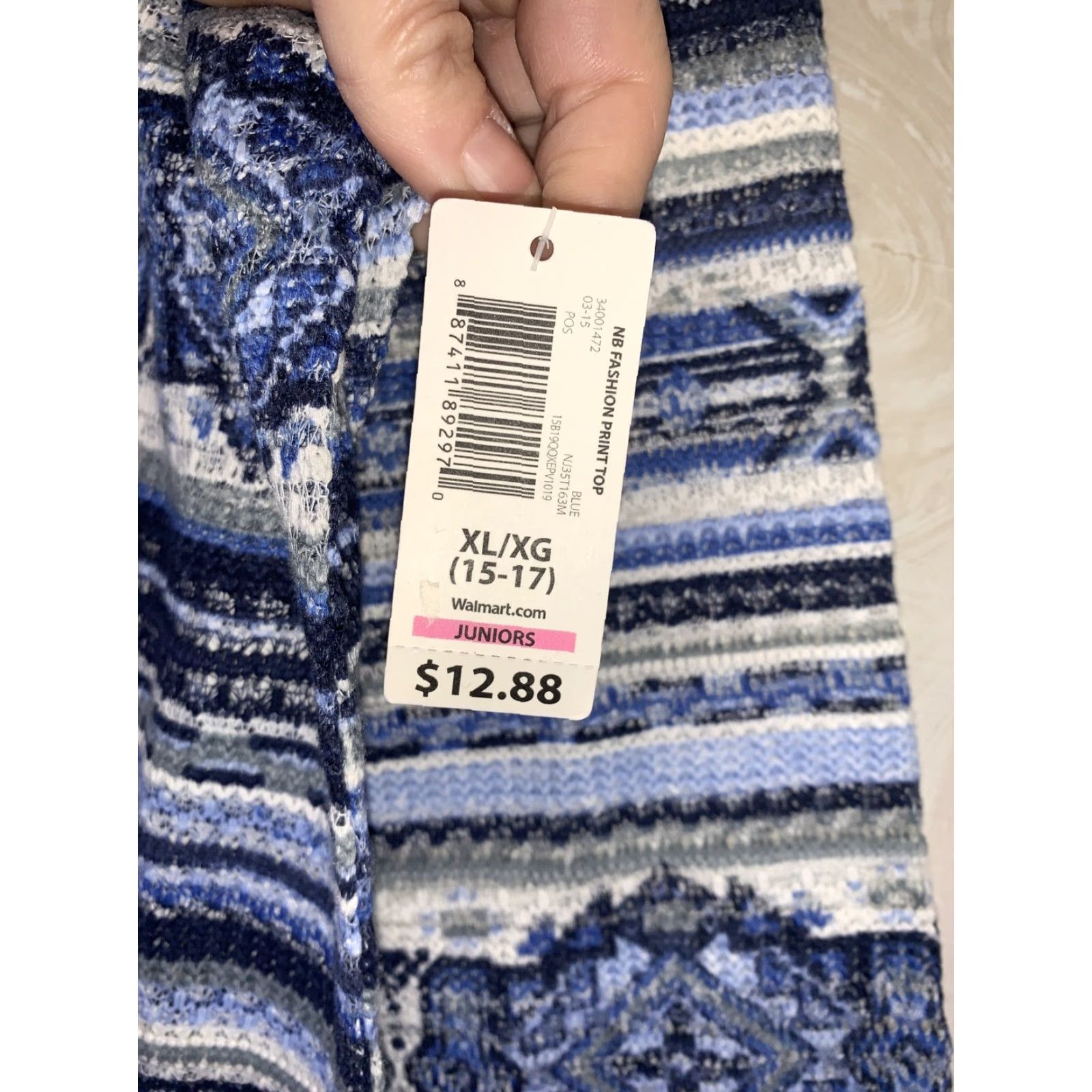 Vintage No Boundaries Blue Open Knit 3/4 Top Juniors Womens XL Blouse Knit Shirt Geometric Open Print NWT-9951 Size XL / US 12-14 / IT 48-50 - 4 Thumbnail