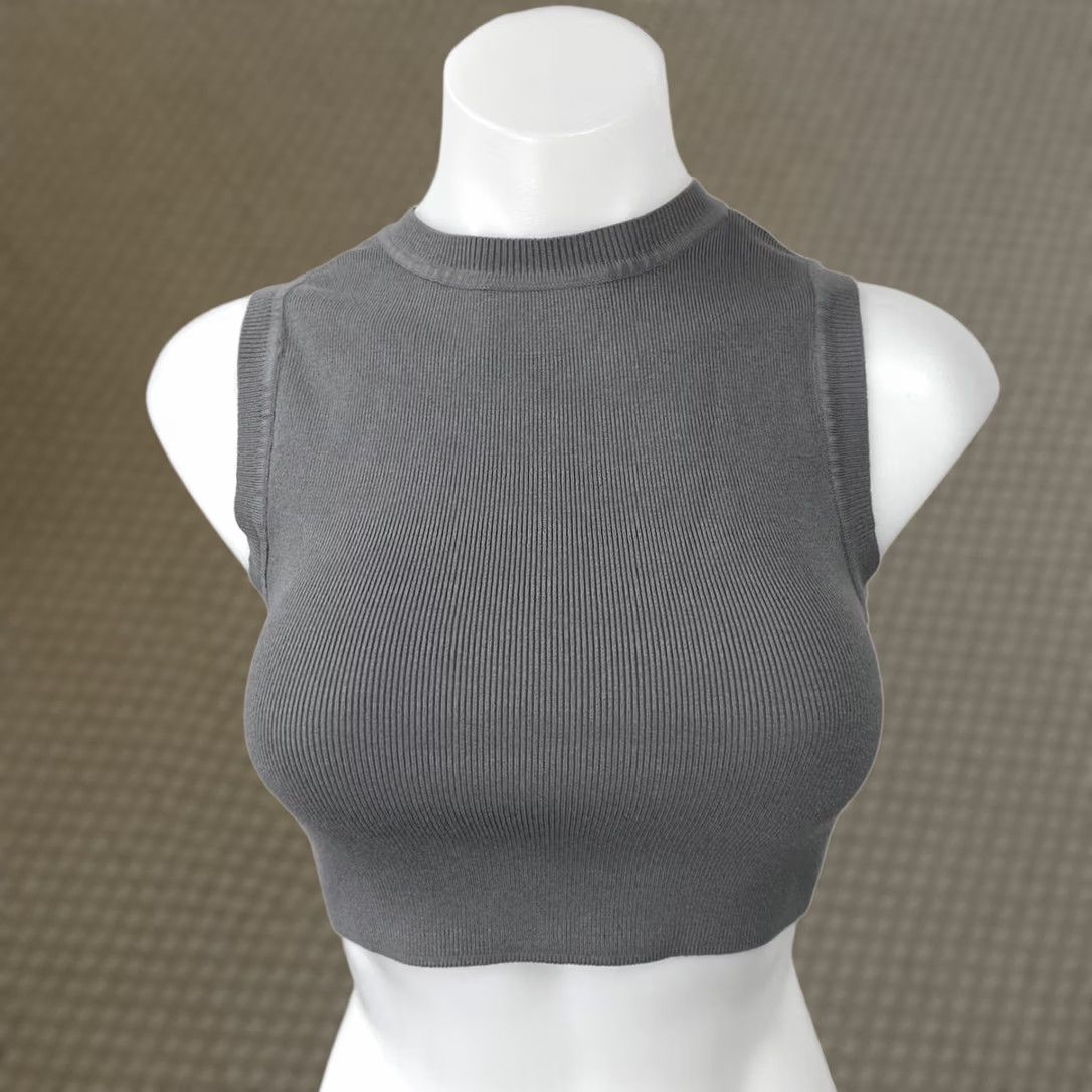 Zara Tank Top Womens M Gray Ribbed Knit High Neck Racerback Crop Sweater, Women's