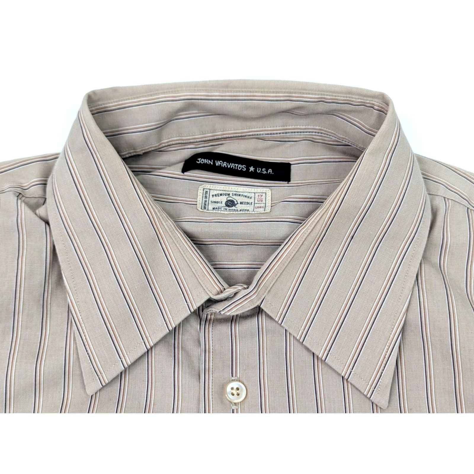 John Varvatos John Varvatos Superfine Cotton Button-Up Shirt Men L Beige Plaid Striped 17.5 46 in Vintage No Size US L / EU 52-54 / 3 - 4 Thumbnail
