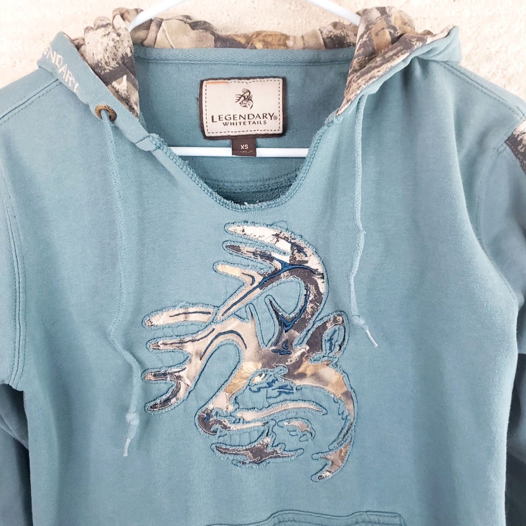 Vintage Legendary Whitetails Hoodie Mens XS Teal Camo Buck Cutout Kangaroo Pockets Nightfree? Size US XS / EU 42 / 0 - 2 Thumbnail