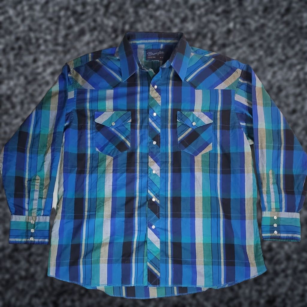 Wrangler VINTAGE Wrangler Western Shirt Striped Blue Pearl Snap X-Long Tails Men 18-35 Size US XXL / EU 58 / 5 - 1 Thumbnail