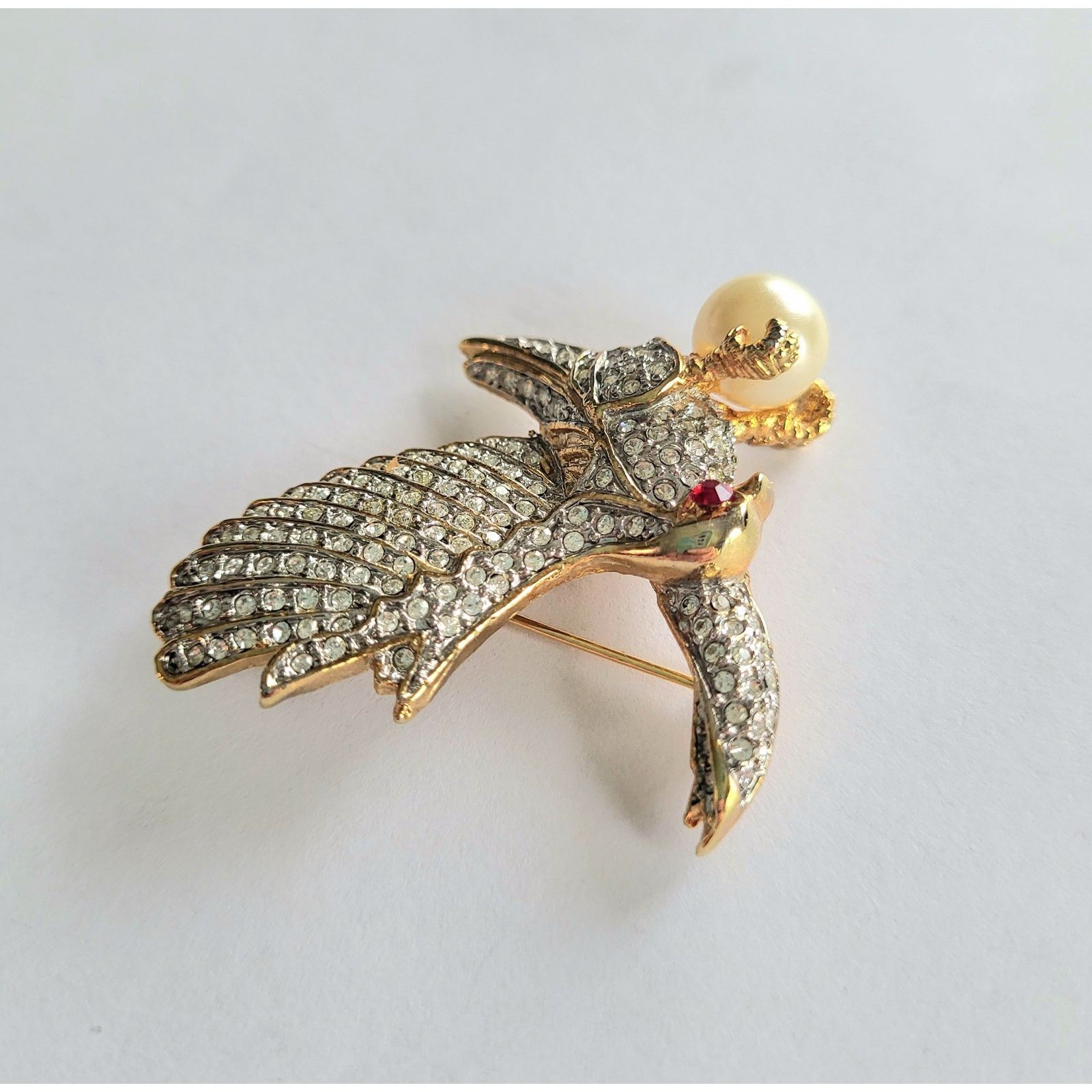 & Other Stories AD2001 Vintage Eagle Brooch Pave Rhinestones Pearl Ann Hand Size ONE SIZE - 4 Thumbnail