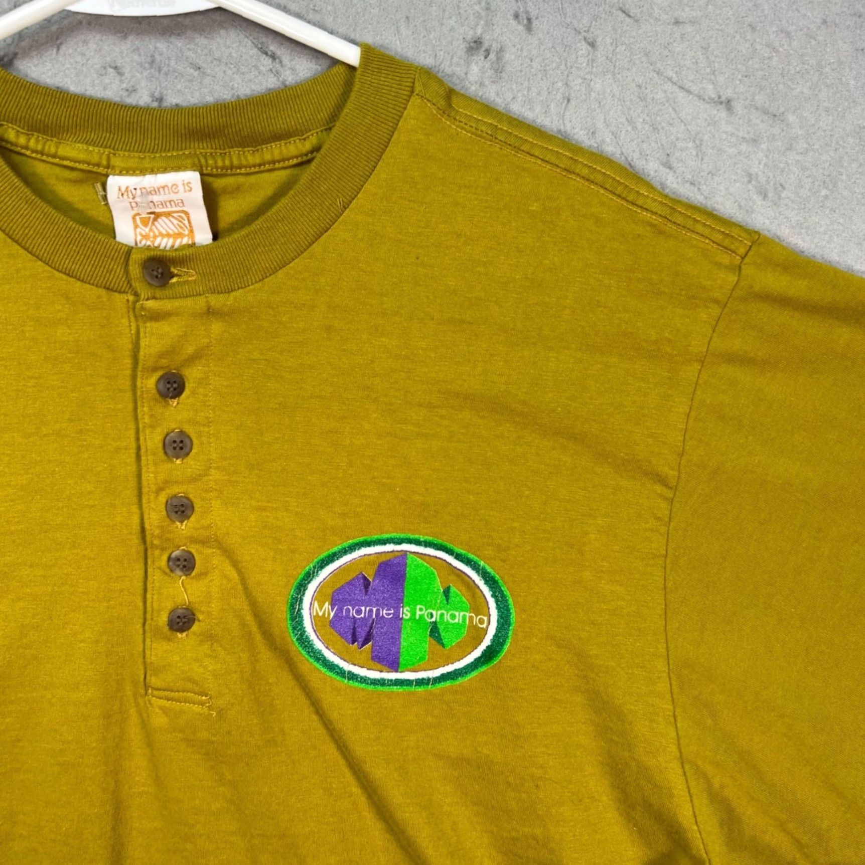 Vintage My Name Is Panama Yellow Henley T-Shirt With Embroidered Patch Mens Large Size US L / EU 52-54 / 3 - 5 Thumbnail