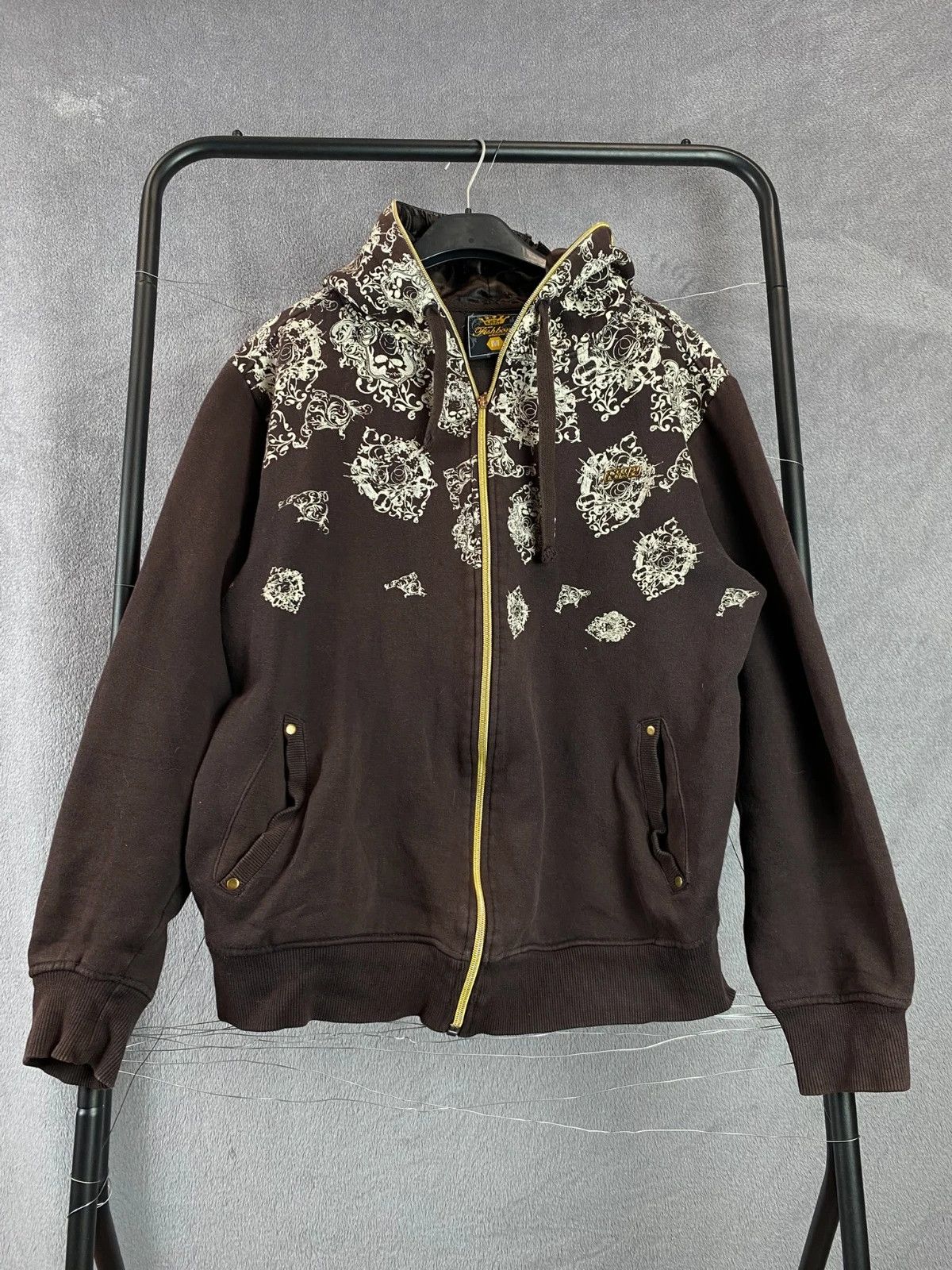 Designer Fishbone Brown Zip Hoodie Y2K Vintage Style M Size US M / EU 48-50 / 2 - 1 Thumbnail