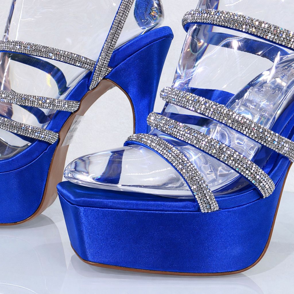 Other Maui Cobalt Blue Satin 6" Flared Platform High Heels Rhinest Size US 9 / IT 39 - 2 Thumbnail