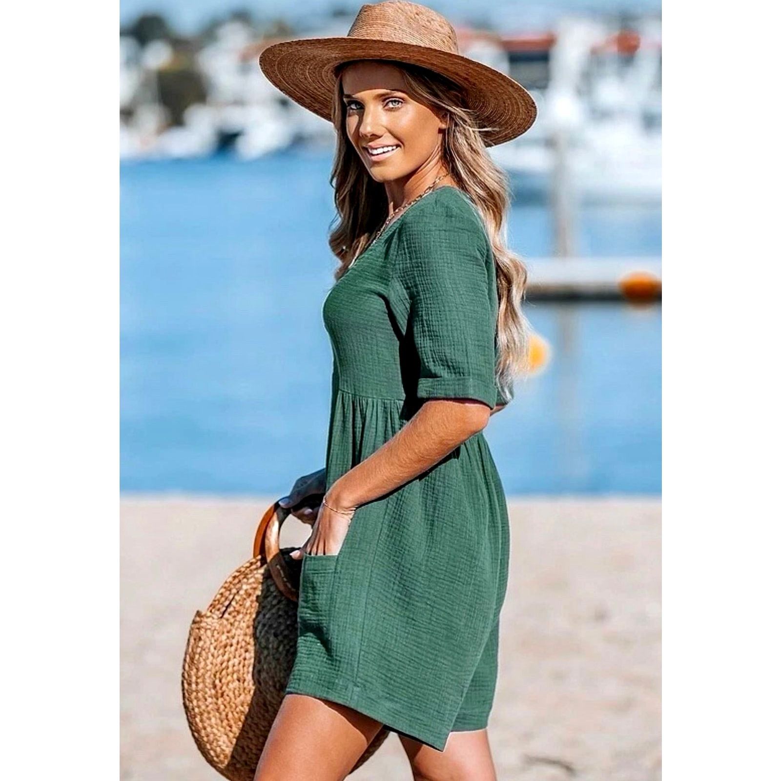 Other Cupshe Romper V Neck Wide Leg Pockets Beach Green L Size 32" / US 10 / IT 46 - 4 Thumbnail