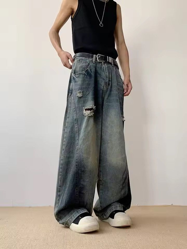 Jean Baggy Distressed Multi-Panel Denim – Wide Leg Stacking Size US 31 - 1 Thumbnail