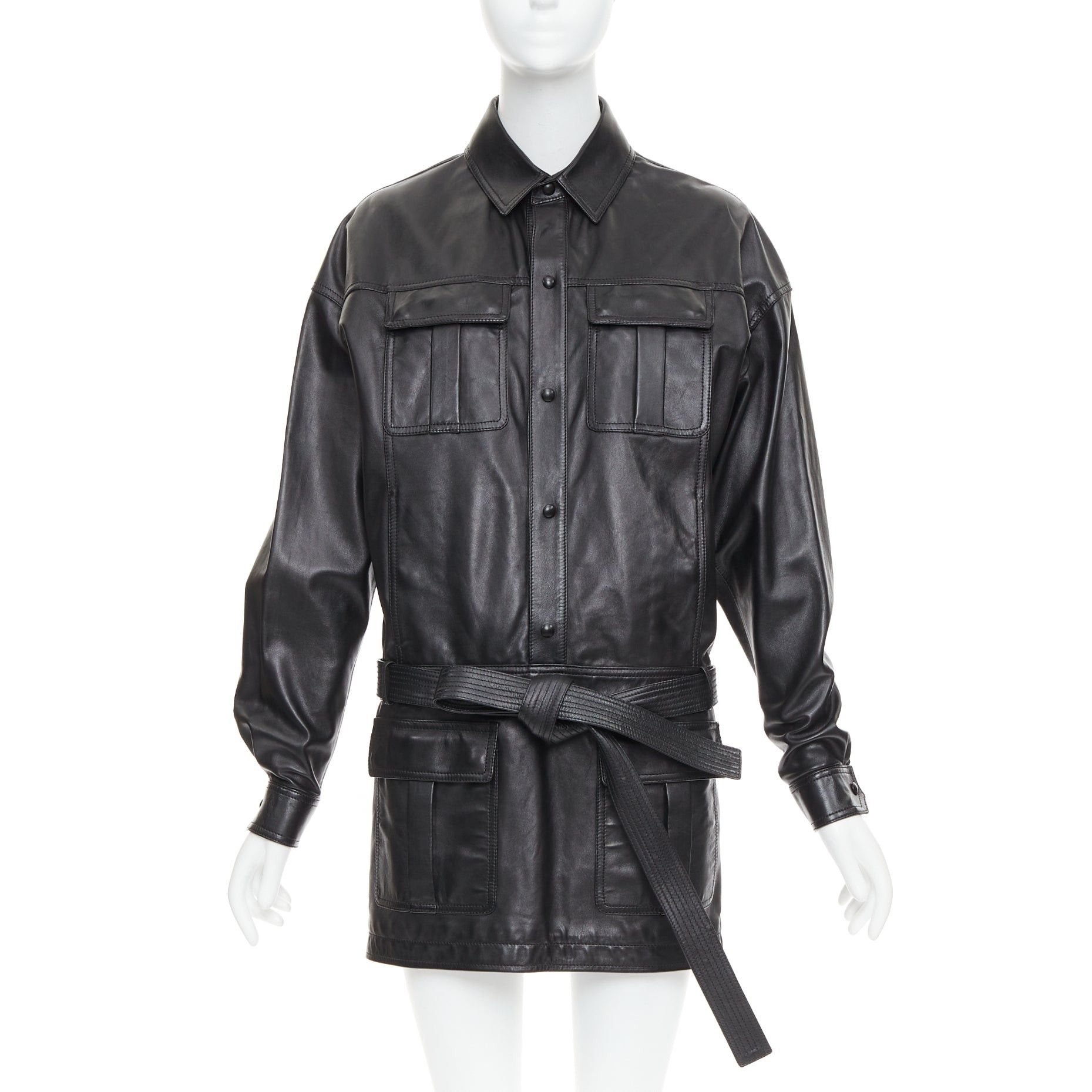 Saint Laurent Paris SAINT LAURENT 2018 black lambskin leather low waist safari shirt dress FR36 S Size S / US 4 / IT 40 - 1 Thumbnail