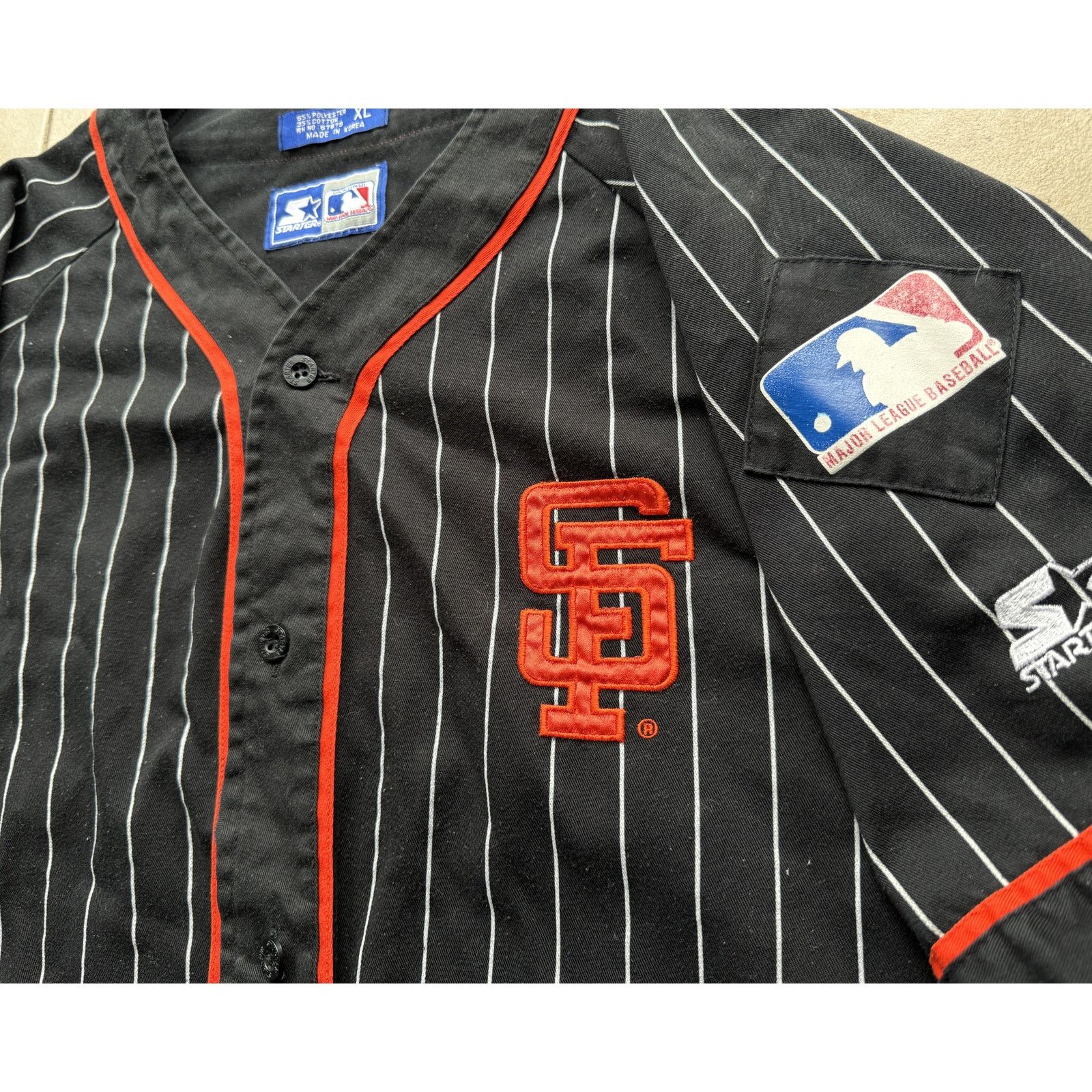 MLB × Starter SF Giants 90s STARTER jersey XL black Pinstripe baseball vtg Size US XL / EU 56 / 4 - 8 Thumbnail
