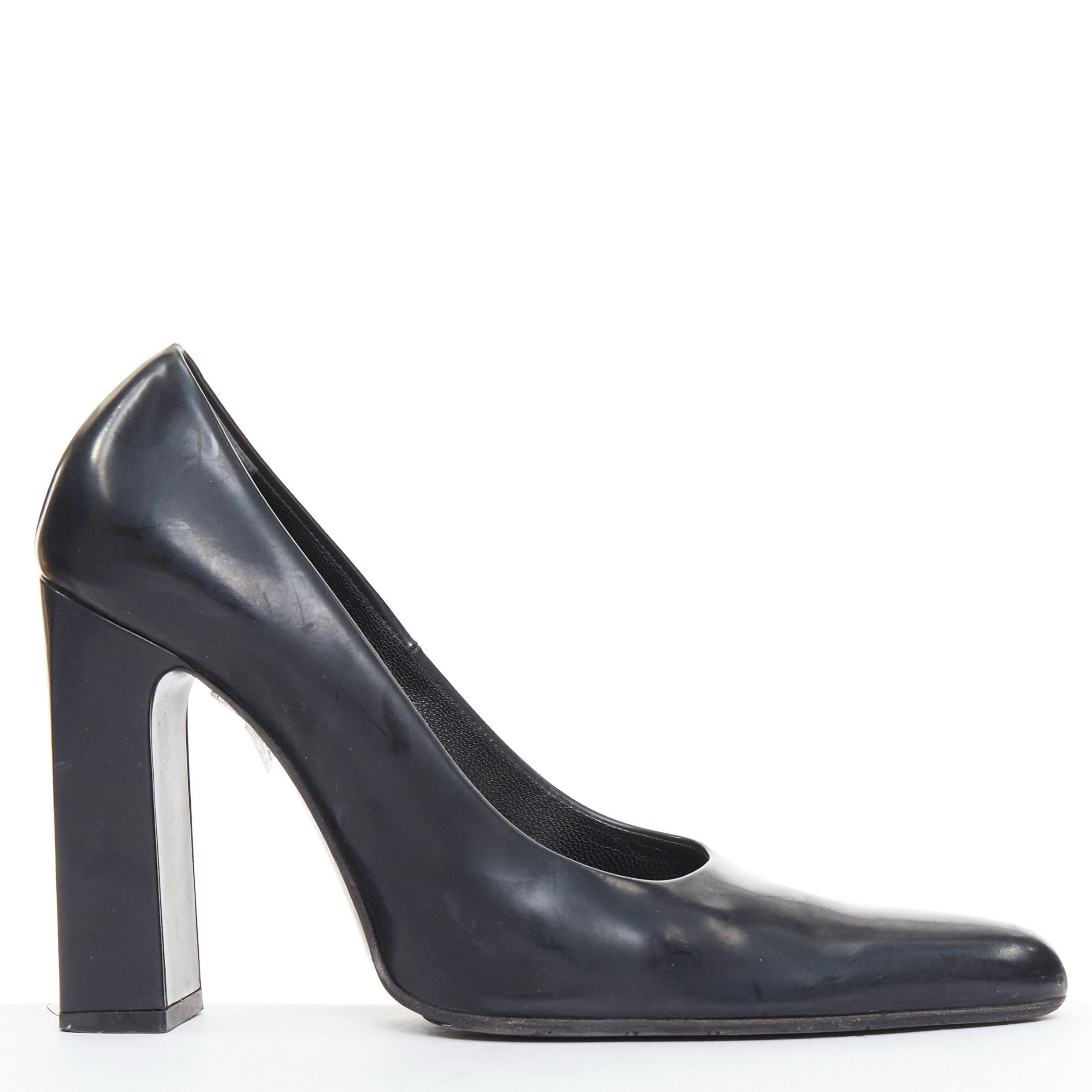 Balenciaga BALENCIAGA black calfskin leather elongated toe box block heel pump EU37 Size US 7 / IT 37 - 1 Thumbnail