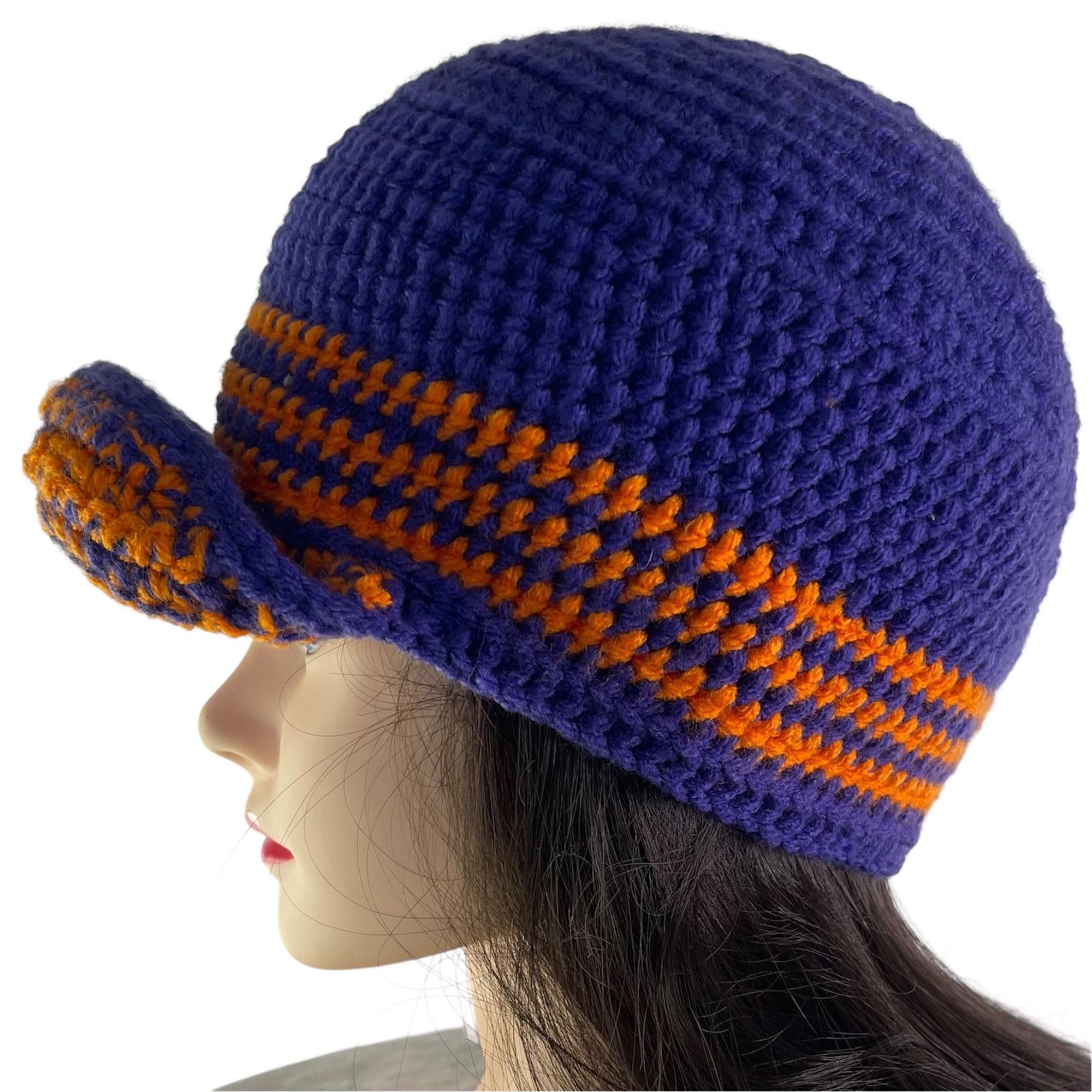Handmade Crochet Baseball Cap Summer Hat Purple and Orange Adult Size Size ONE SIZE - 5 Thumbnail