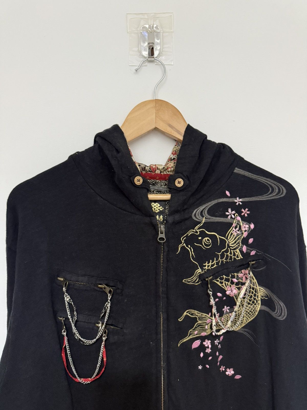 Japanese Brand Vintage Sukajan Black Embroidery Fish Koi Full Print Hoodie Size US XL / EU 56 / 4 - 5 Thumbnail