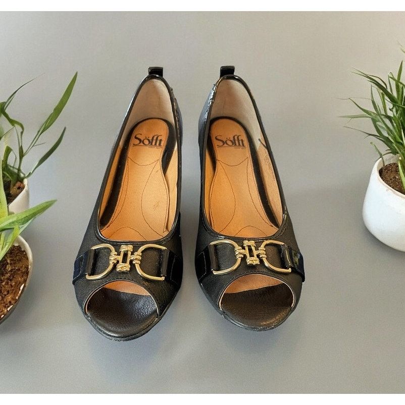 The Unbranded Brand Sofft Shoes Black Wedge Heels Leather Slip-On Heel Sz 6.5 M Size US 6.5 / IT 36.5 - 2 Thumbnail