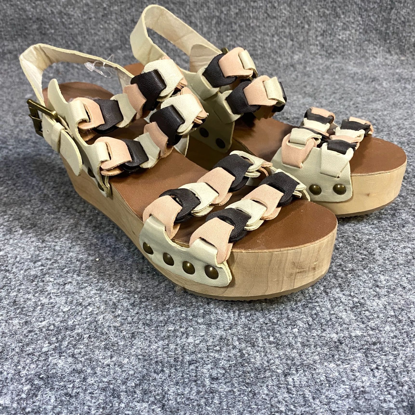 Vintage Ecote Sandals Womens 8 Beige Leather Strappy Platform Wood NEW Size US 8 / IT 38 - 3 Thumbnail